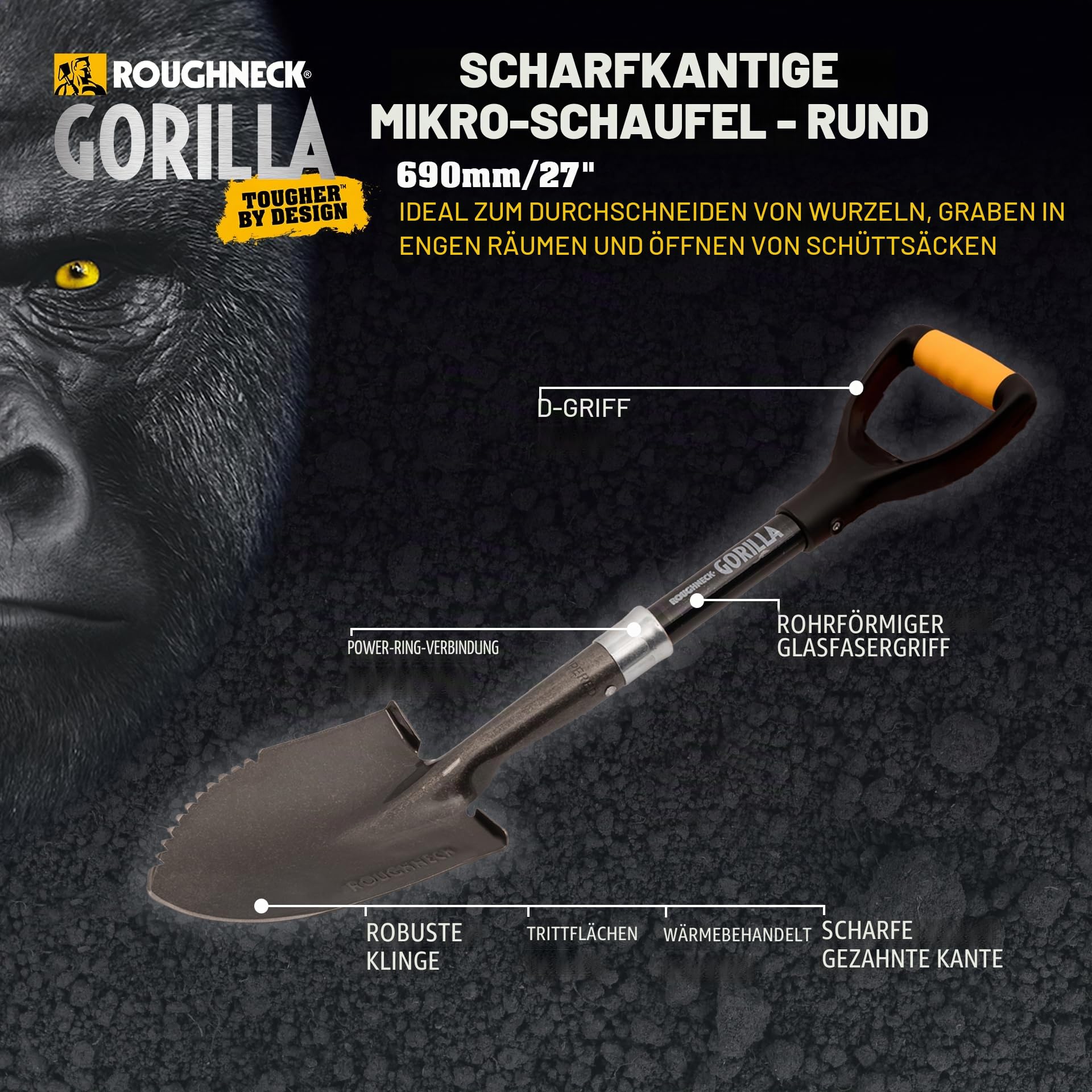 Roughneck Gorilla Sharp-Edge Mikrospaten 690 mm (27 Zoll) – Robustes Rundblatt zum Schneiden, Graben und Öffnen von Big Bags auf engstem Raum