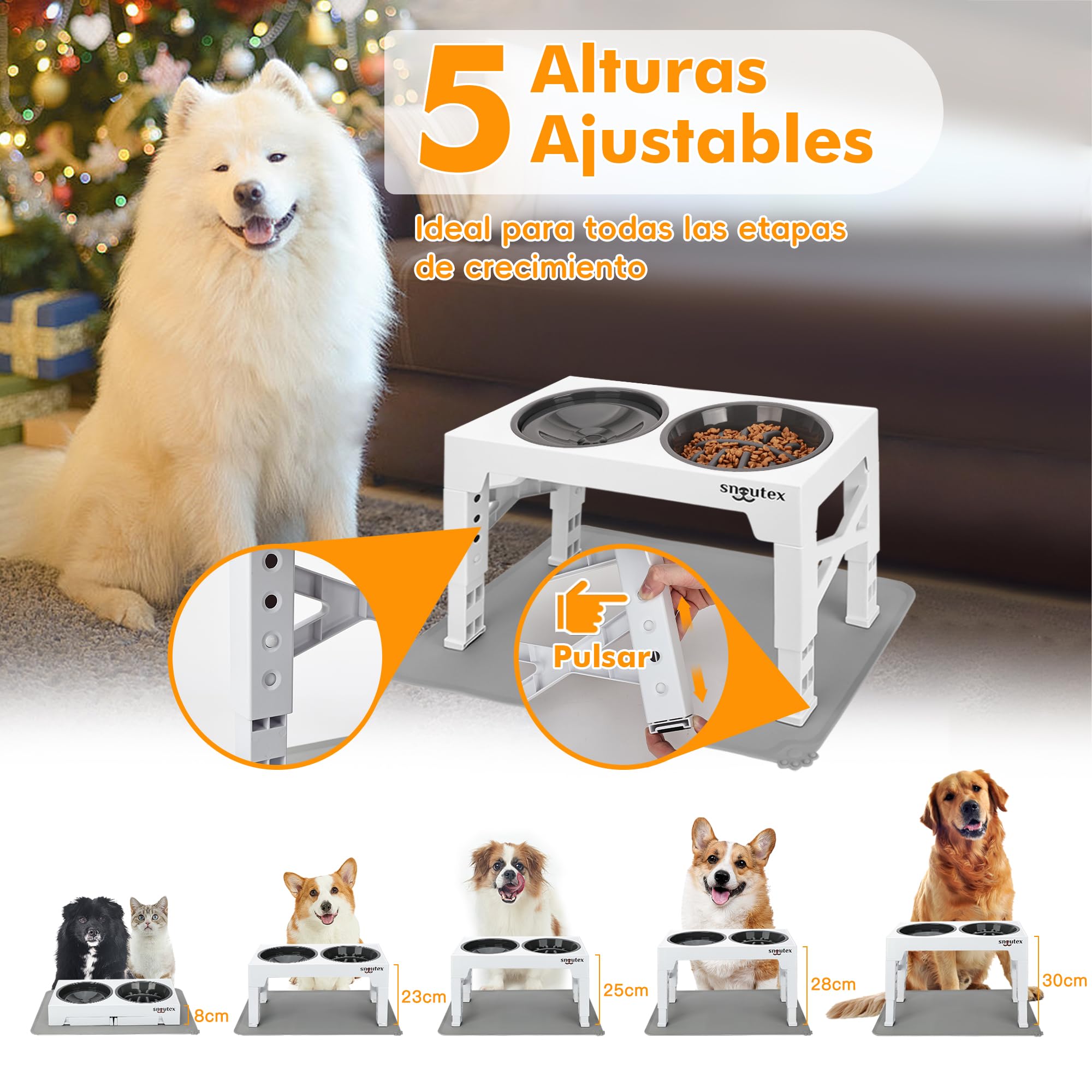 Comedero Perro Elevado Acero Inoxidable - Comedero Perro Elevado 5 Alturas Ajustables | Bebedero Antigoteo para Perros con Alfombra Antideslizante. Comederos Perros (Blanco Antivoracidad)