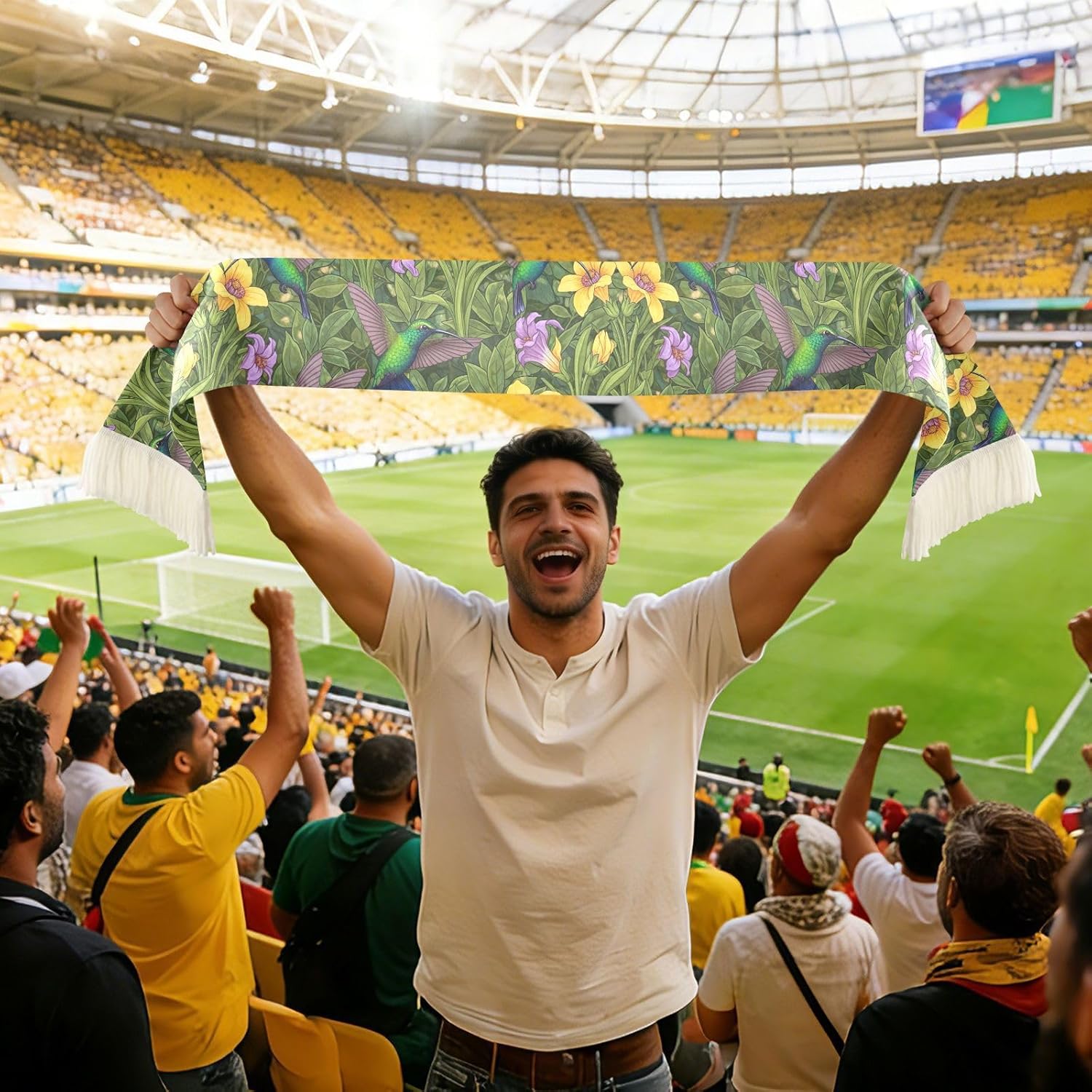 CHIFIGNO Colorful Flowers Birds Green Sports Fan Scarf Towel, Soft Polyester Sweat Wipe Cheering Scarf for Soccer Games, Quick Dry with Fringe Ends
