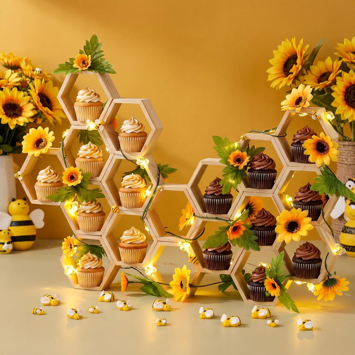 Gerrii 18 Pcs Mini Honeycomb Cupcake Stands Wooden Hexagon Cake Holders with 30 Bees 2 Bee String Lights 2 Sunflower Vine Garlands for Birthday Baby Shower Gender Reveal Wedding Party Decor