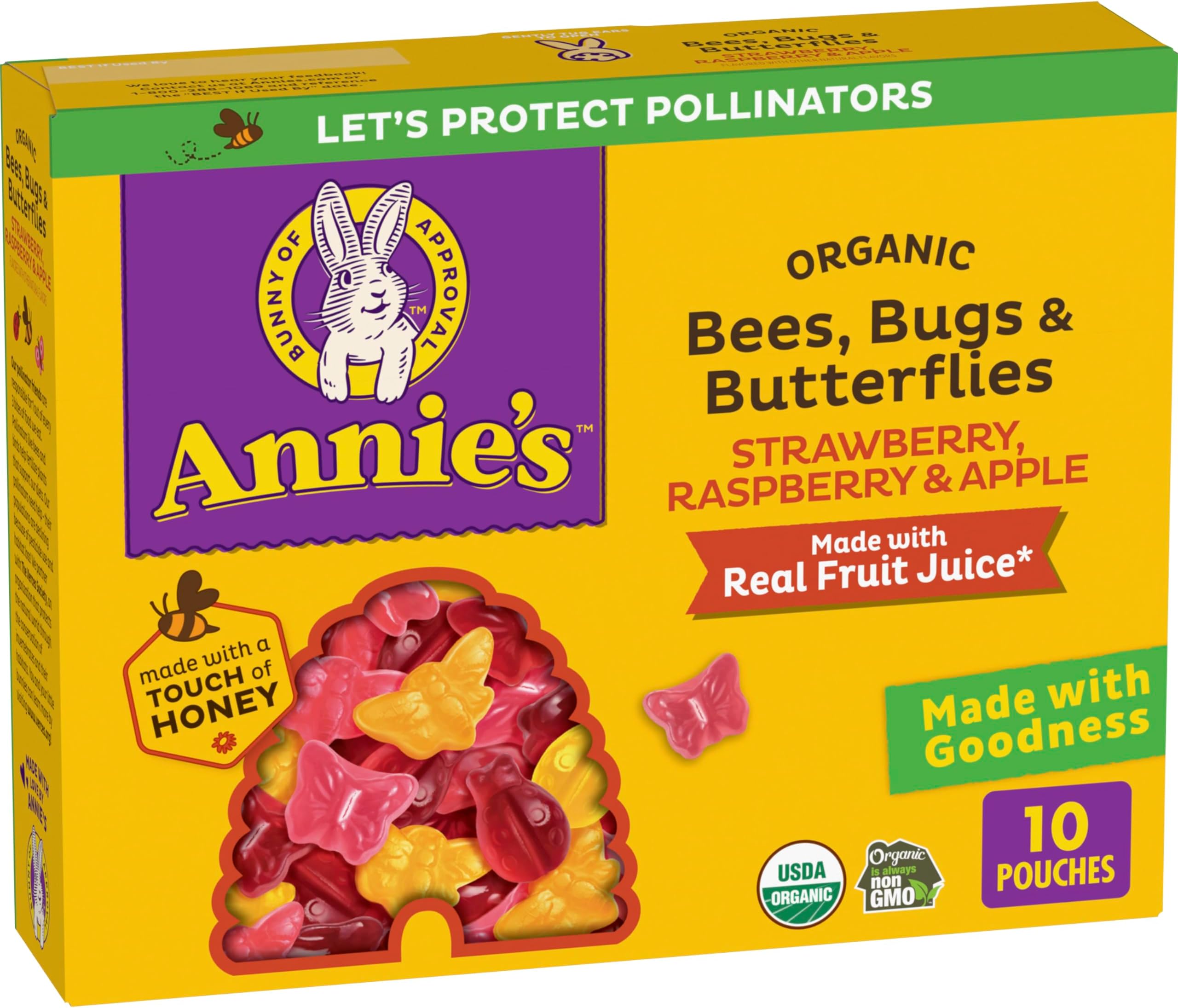 Annie's Organic Bees, Bugs, and Butterflies Fruit Flavored Snacks, 10 Pouches, 7 oz