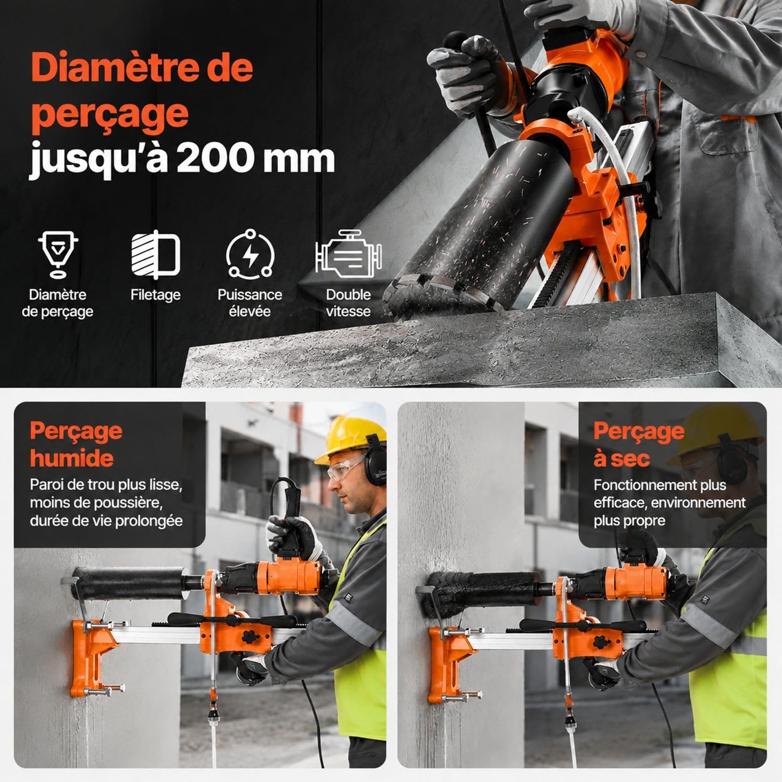 Carotteuse diamant 2 en 1, 1500 W, utilisation portative ou sur pied, 4 forets, 2 vitesses, pour béton, brique et pierre