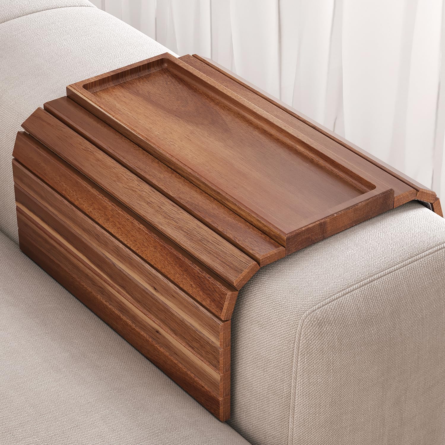 Danfoxer Acacia Wood Sofa Arm Tray,Foldable，Anti‑Slip Pad，Multi‑Purpose