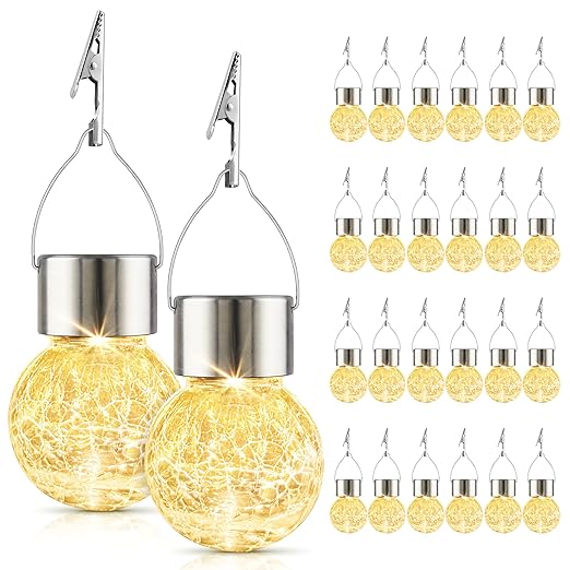 Solar Lights Outdoor Hanging Decorative Globe 24 Pack, Waterproof Solar Lantern with Handle and Clip, Solar Powered Glass Ball Lights for Garden Yard Fence Tree Umbrella Holiday D?cor, Warm White