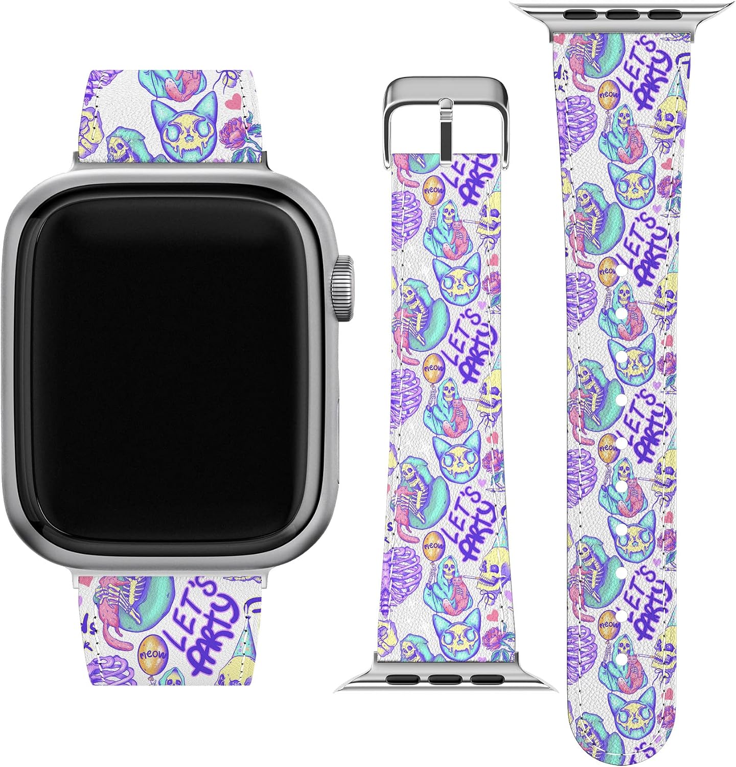 Wrist Band Compatible for Apple Watch Series 7/6/5/4/3/2/1/SE & Matching Phone Case Bat Boo Trick or Treat Candy Print PU Leather Spooky Bracelet Sweets Cute Replacement Strap 38-40-42-44 mm image 5