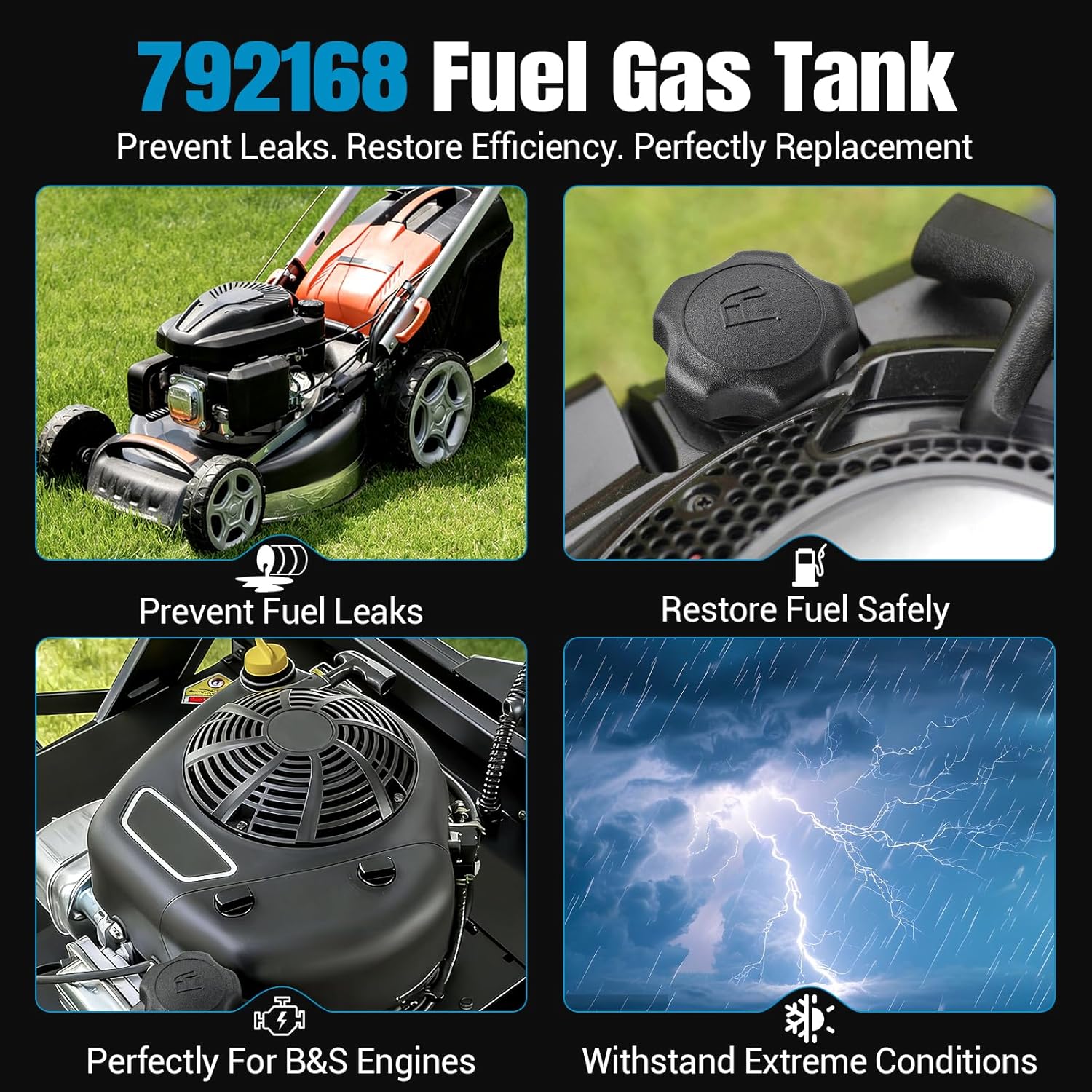 792168 Fuel Gas Tank Compatible with Briggs & Stratton (B&S) Models & Cub Cadet 13A-145F100, Leak-Proof with Cap for Lawn Mower Engines