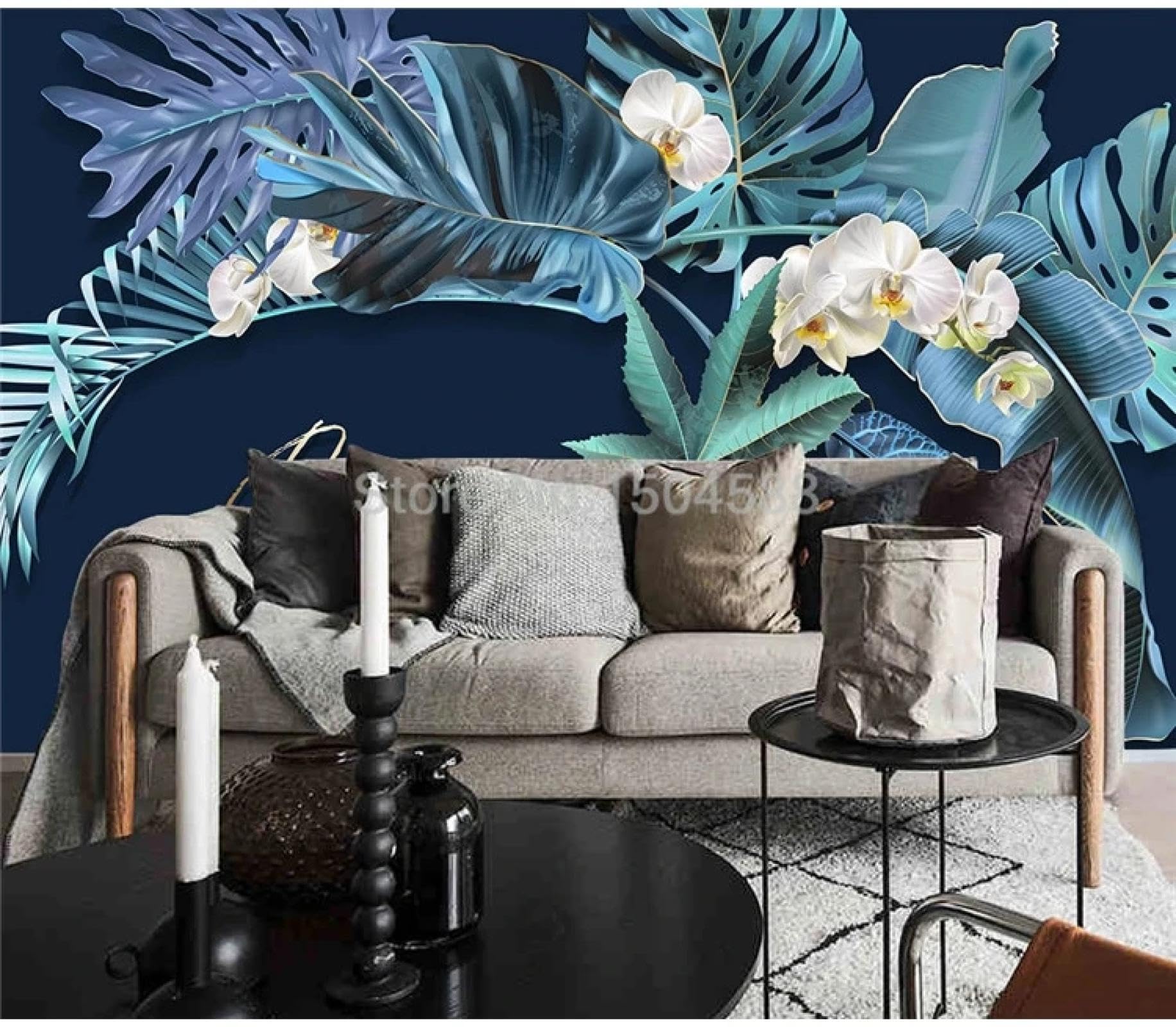 Papier peint 3D feuilles bleues et fleurs blanches sur mesure pour salon