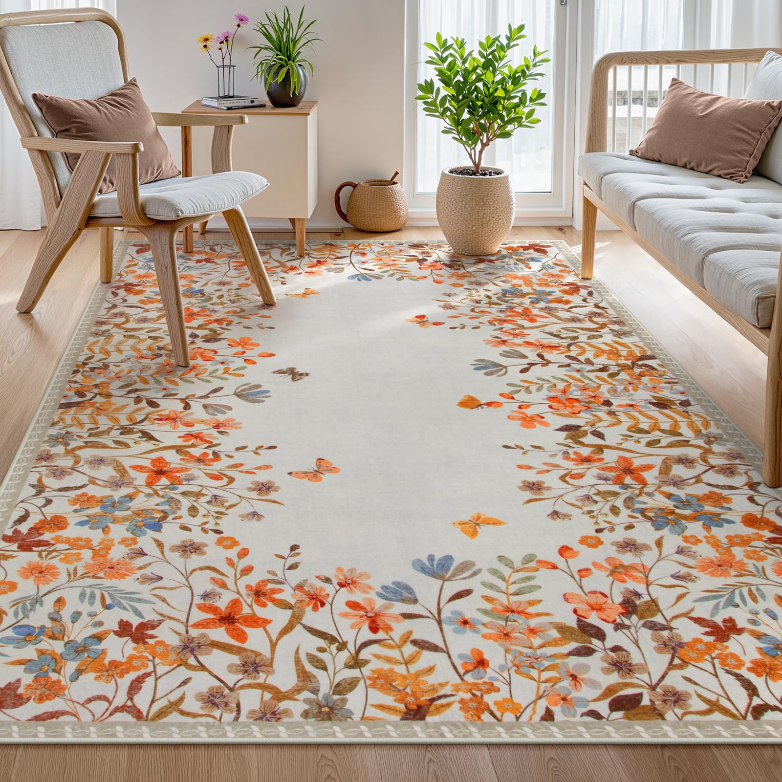 Photo 1 of Wonnitar Fall Washable 5x7 Rug for Bedroom, Low Pile Soft Boho Floral Living Room Area Rug, Non Slip Throw Carpet for Girls Room Nursery Playroom Guest Room (Orange,5'x7')