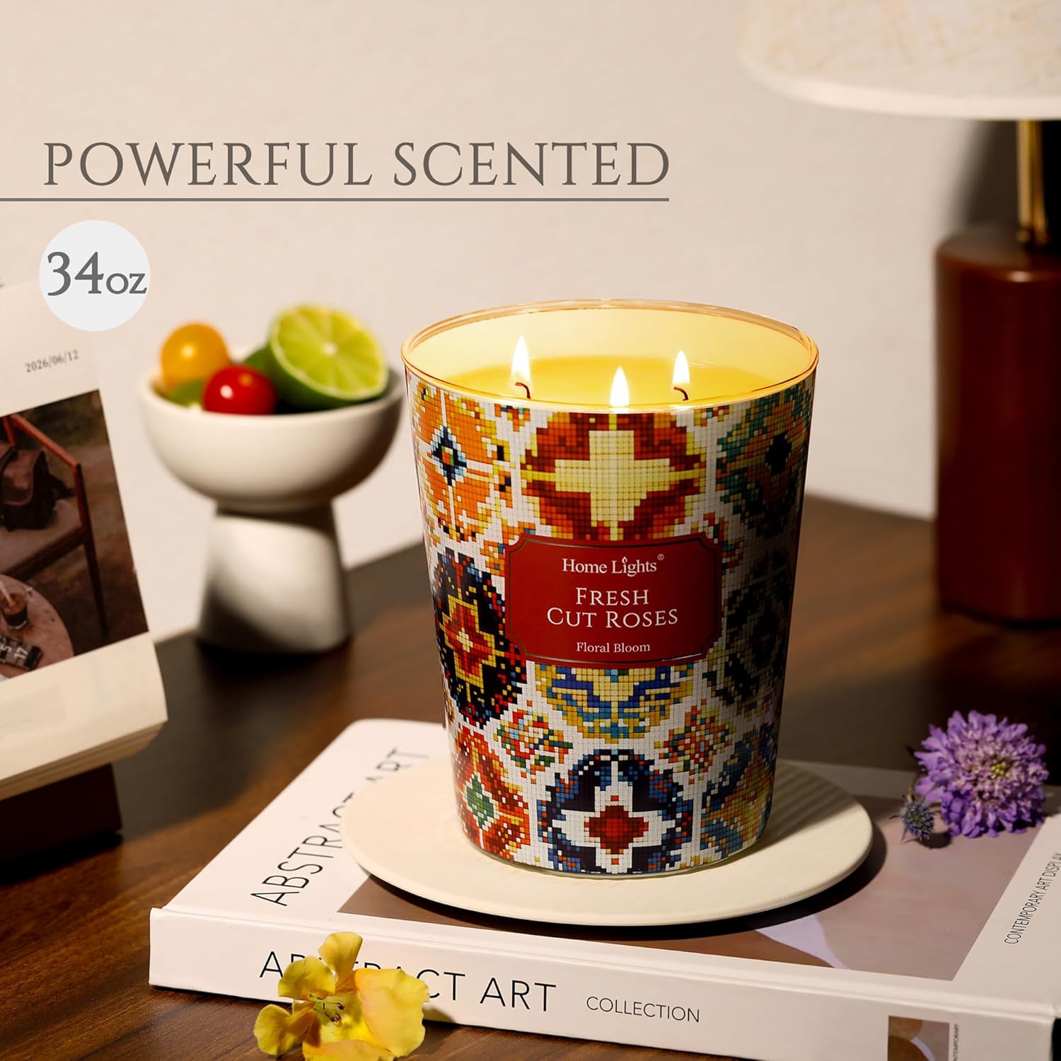 HomeLights 3-Wick Candles for Home Scented - 34oz Soy Wax Blend Candle Long-Lasting Fragrance, Bohemian Natural Textures Home Decor and Housewarming Gifts, Fresh Cut Roses image 2 of 7 B0F2SX392C