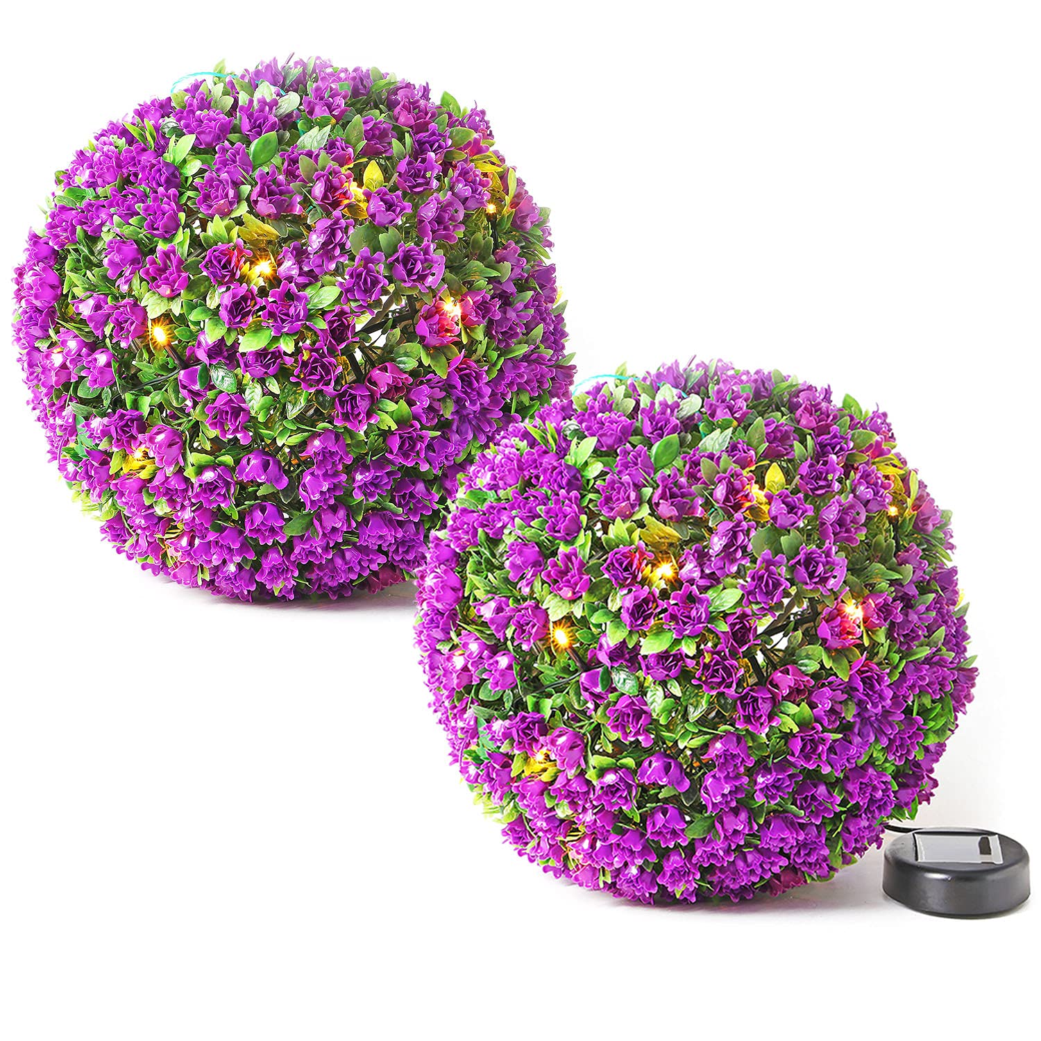 Taylor & Brown 28cm Solar Powered 20 LED Rose Artificial Topiary Ball Hanging Ornament Boxwood Garden Ultra Bright Light Decorative Two Functions (2 Pack, Purple)