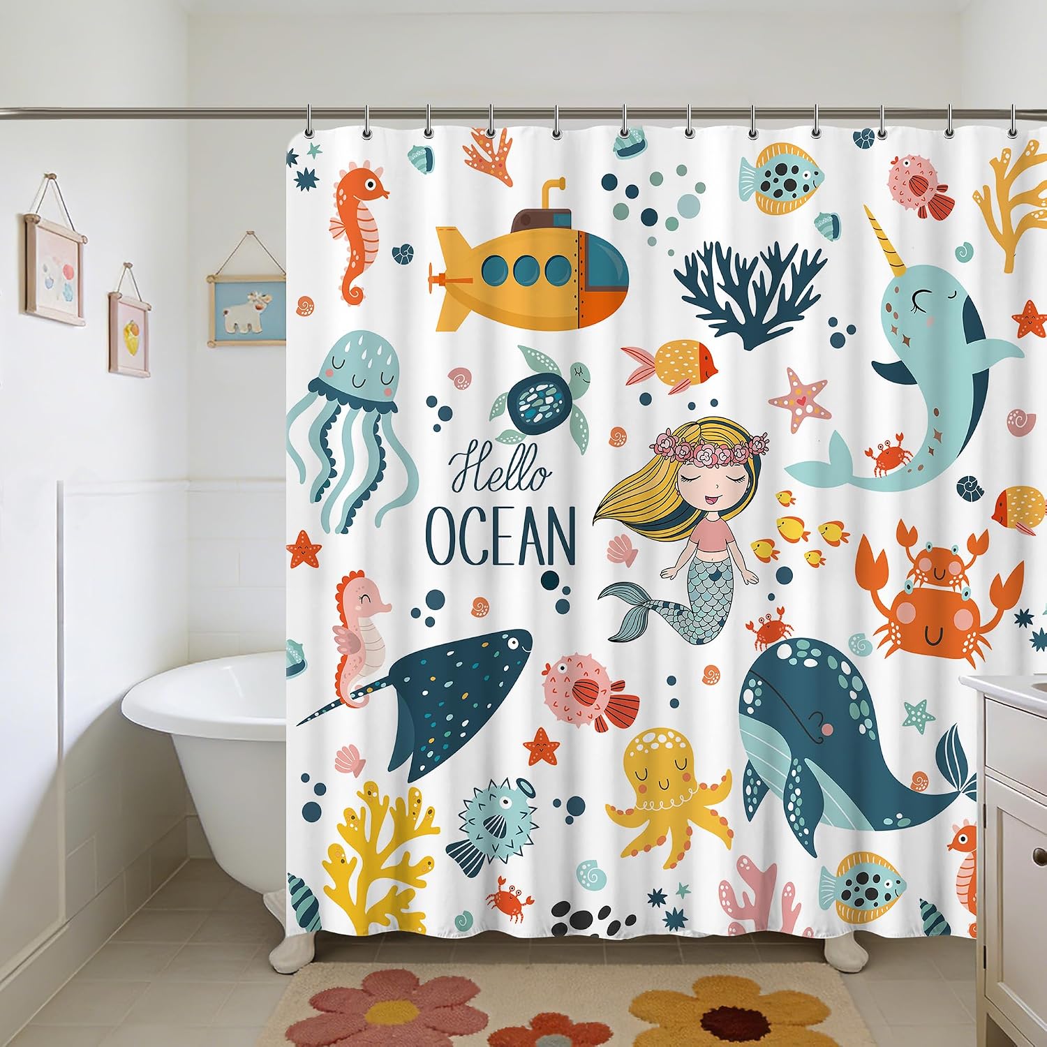 Kids Cartoon Ocean Shower Curtain Cute Fish Sea Turtle Whale Dolphin Funny Underwater Submarine Animal Sea Life Children Boy Home Bathroom Decor Waterproof Fabric 72Lx72W Inch with 12PCS Hooks