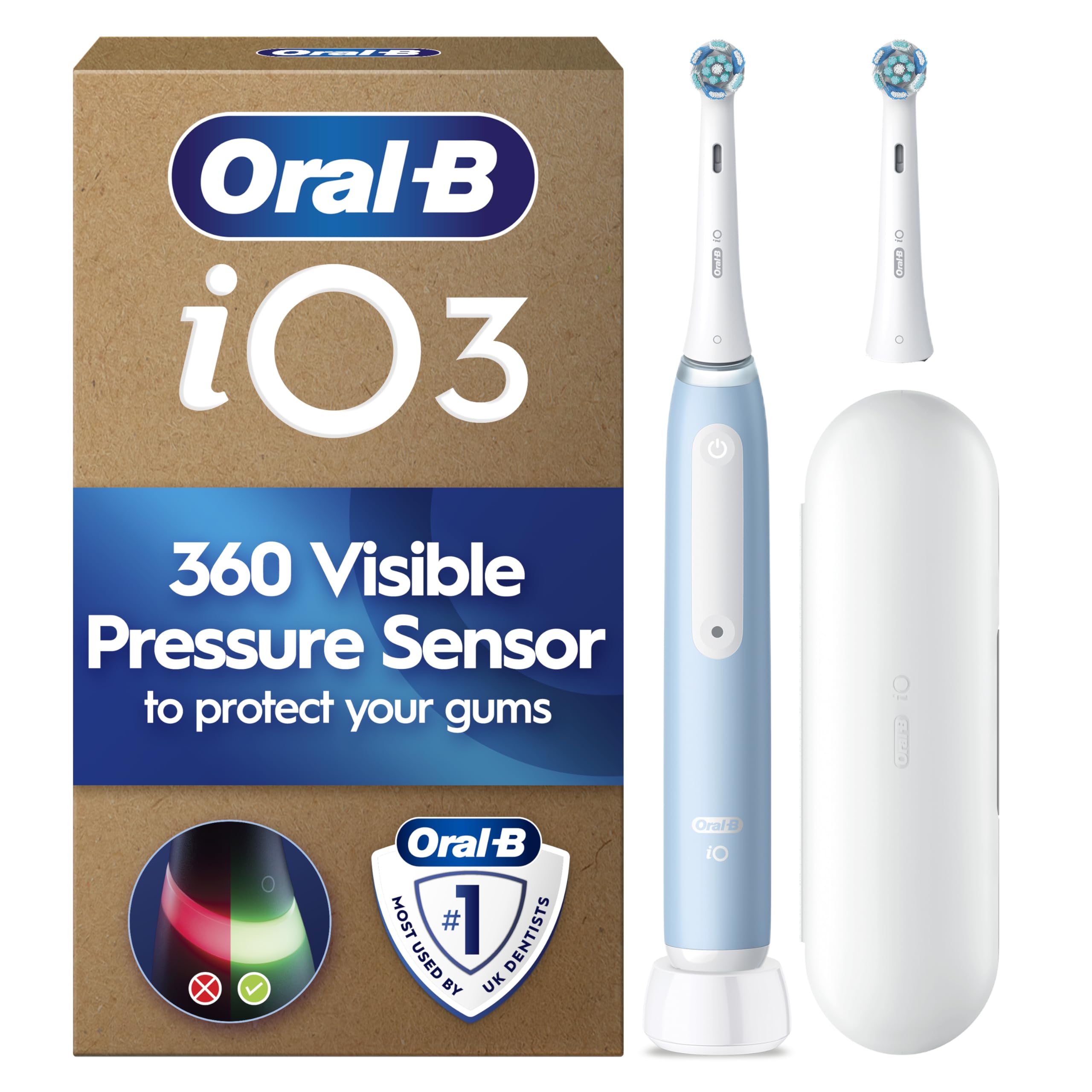 Oral-B iO3 Electric Toothbrush for Adults, Ice Blue - Pressure Sensor, With 2 Toothbrush Heads, Long-Lasting Battery with Travel Case for Home and Travel, UK Two Pin Plug