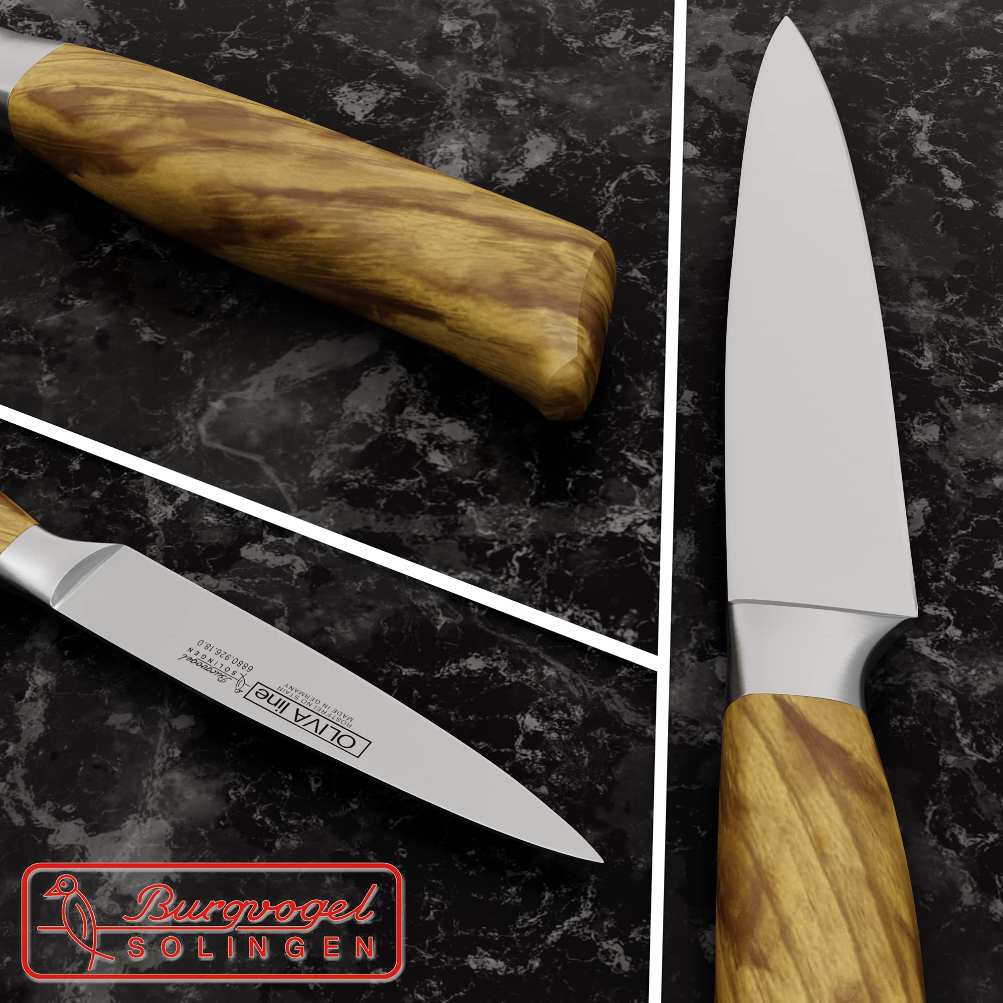 Burgvogel Solingen Tranchiermesser geschmiedet Olivenholz, Oliva Line, rostfrei, deutsches Aufschnittmesser, hell, scharf Schinkenmesser Olivia Line (7 Zoll = 18cm) braun beige