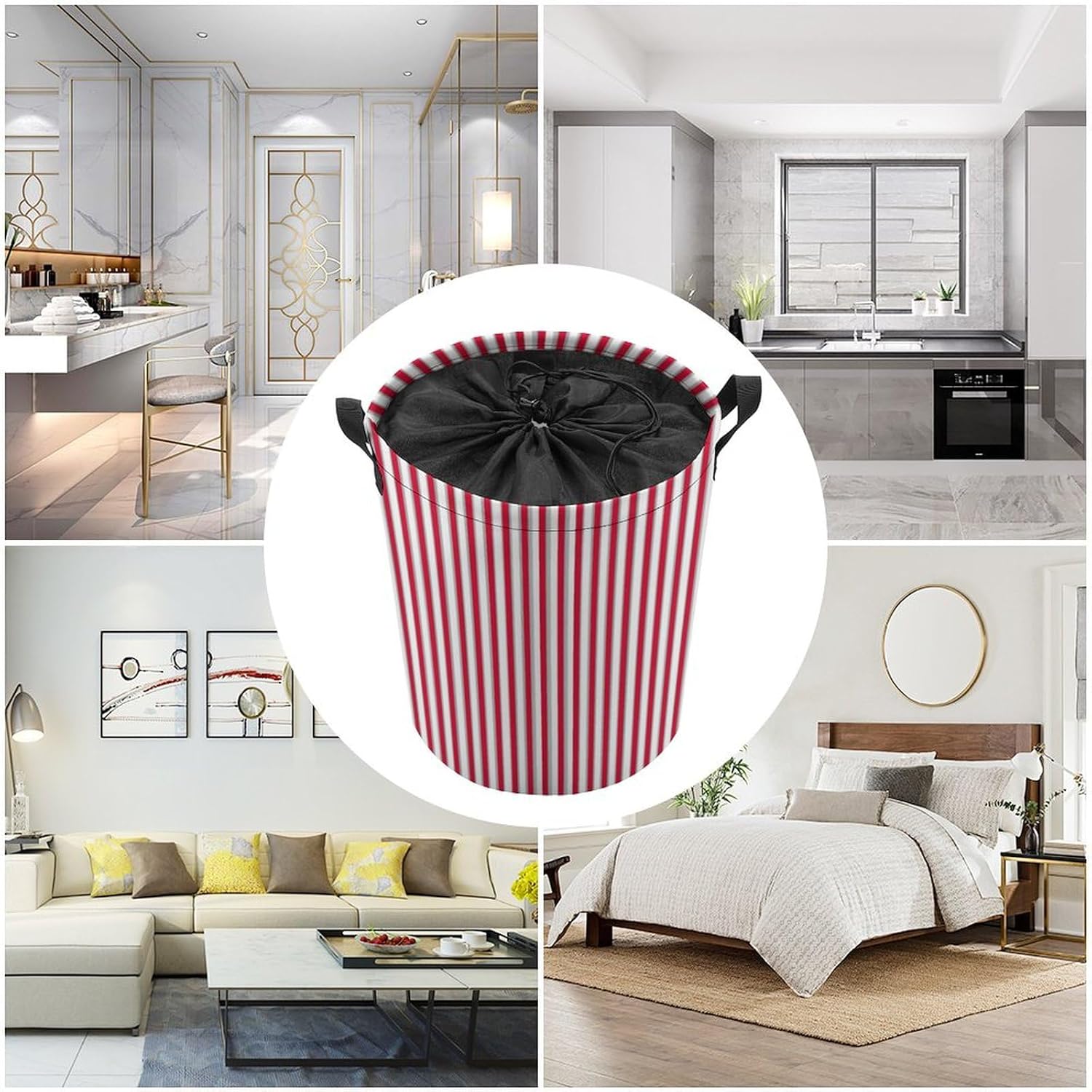 Large Laundry Basket, Red Stripes Collapsible Laundry Hamper with Drawstring Dirty Clothes Washing Bin for College Dorm Storage Essentials