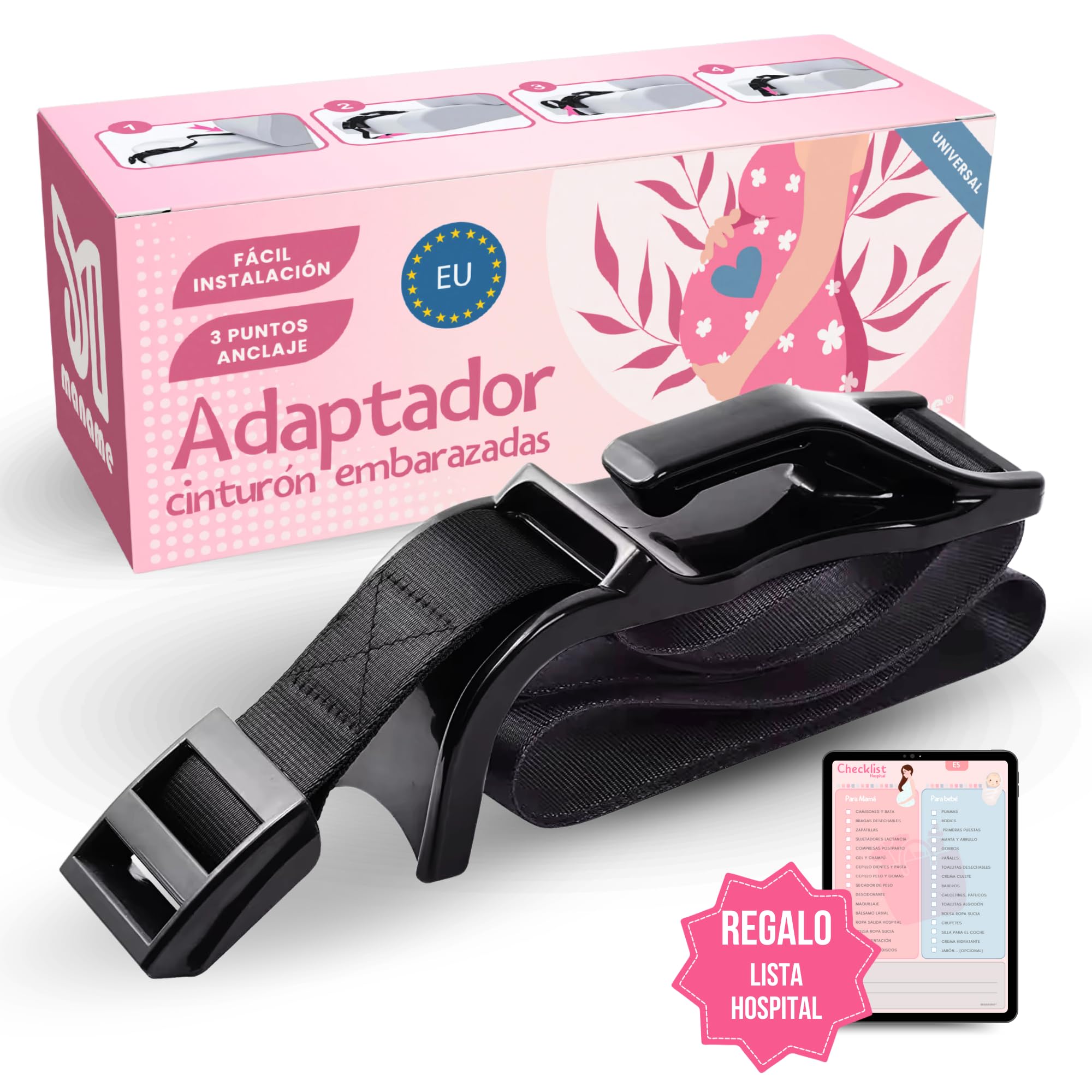Adaptador Cinturon De Seguridad Para Embarazada. Ajustador Homologado Para Maternidad, Protege A Tu Bebe En El Coche De Impactos, Presiones. Anclaje Premama Embarazo.