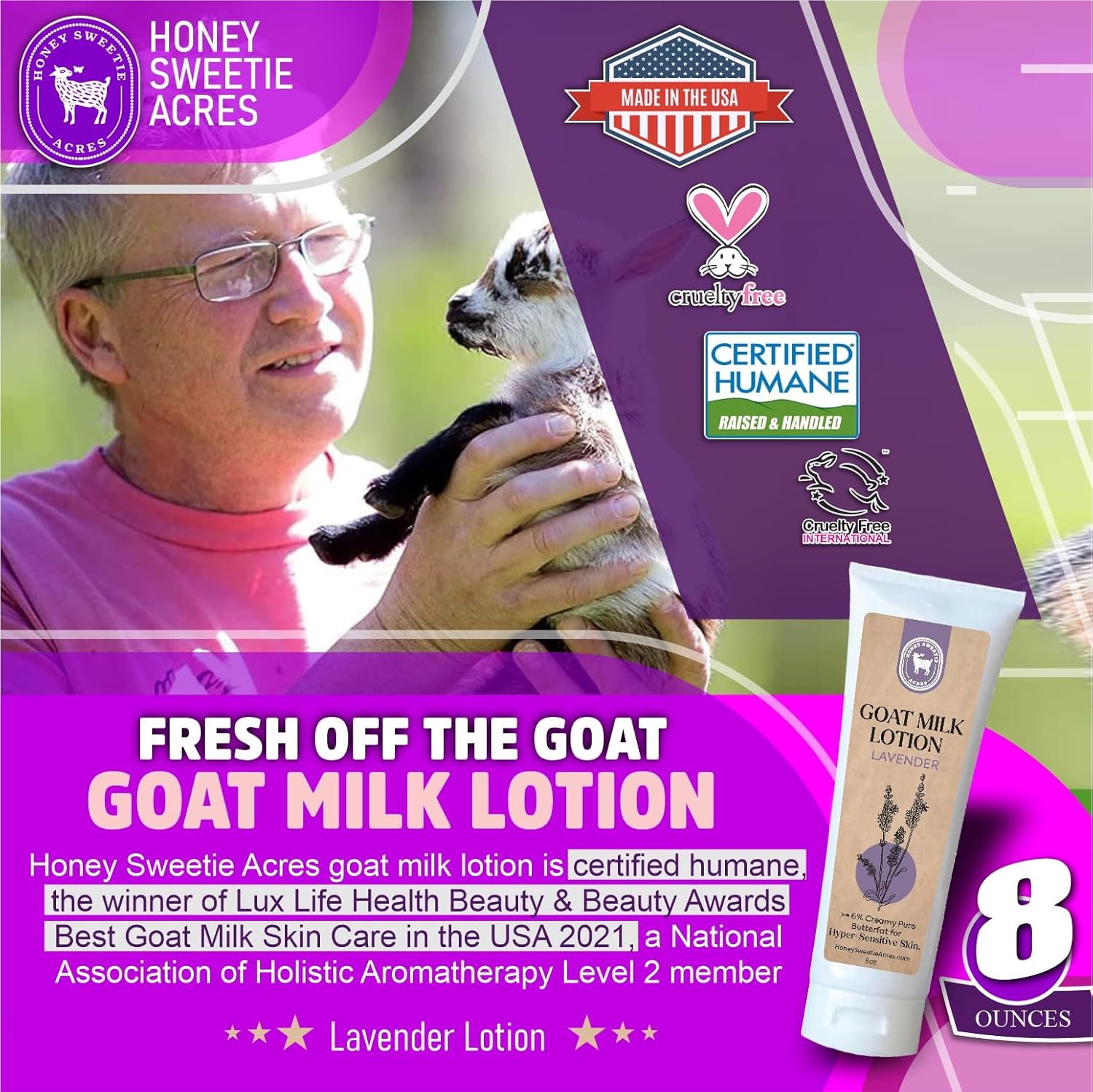 Honey Sweetie Acres Fresh Off The Goat All-Natural Goat Milk 8 oz Lavender Body Lotion is a cruelty-free, handmade lotion that hydrates and moisturizes - Made in the USA - Image 7