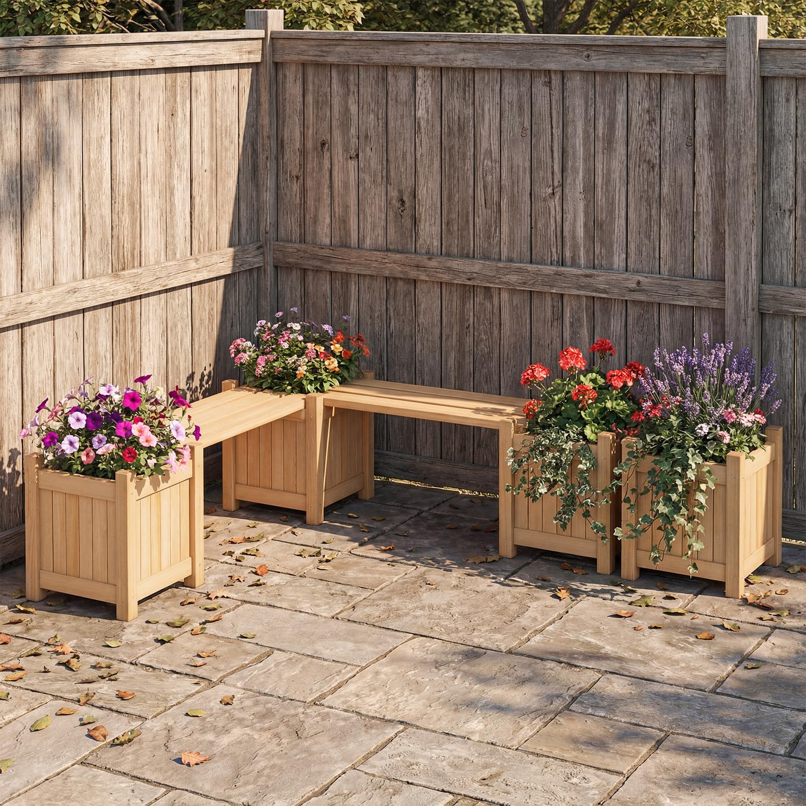 COSTWAY Fioriere da Esterno con Panchina, Letto Rialzato da Giardino in Legno Massello con e Base Aperta, Fioriere Elevate per Patio, Cortile e Veranda (Naturale, 105 x 26,5 x 29,5 cm)