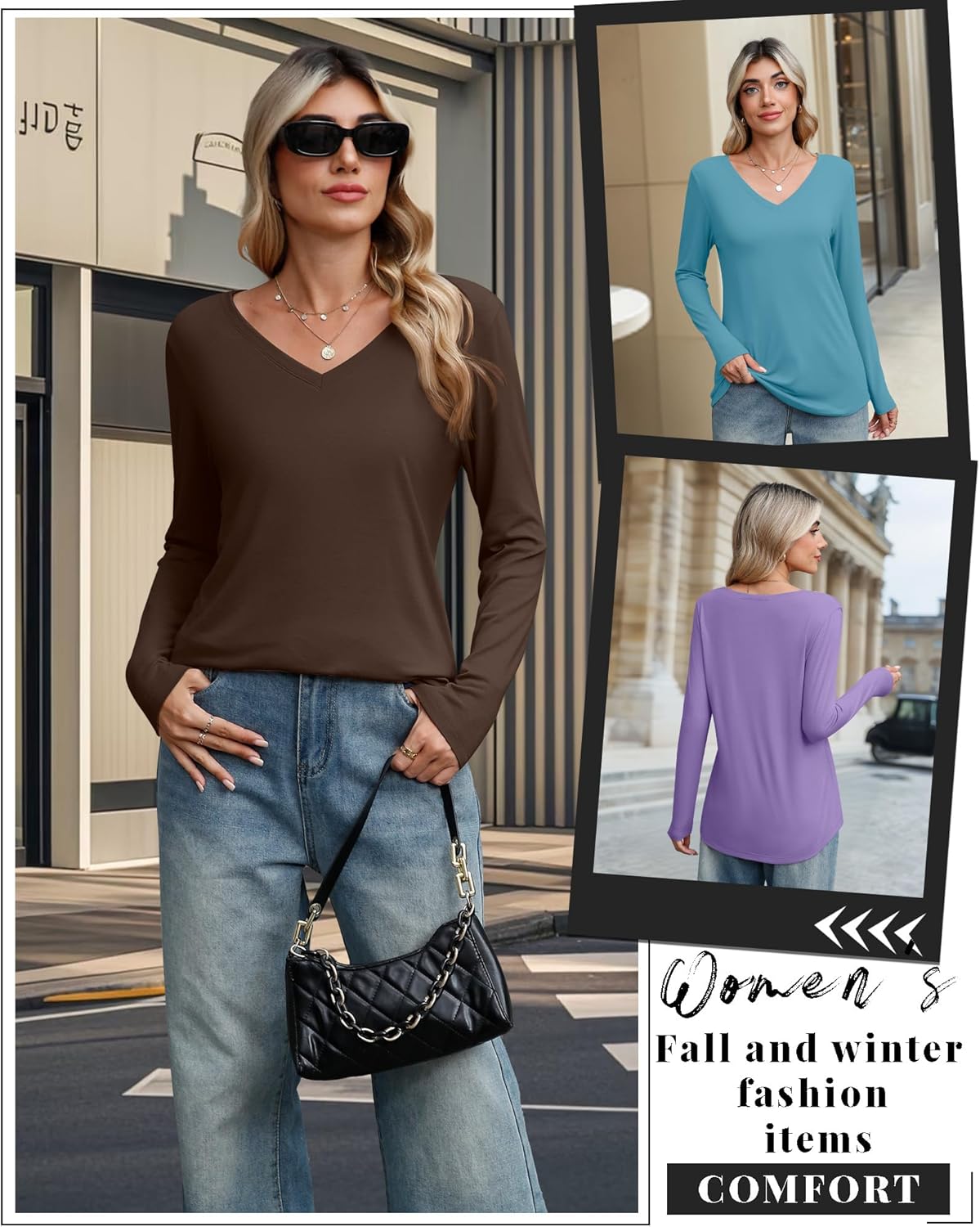 Ficerd 3 Pack Women's Long Sleeve Shirts, V Neck Cotton Blend Tops Loose Fit Casual T-Shirts Curved Hem Basic Layering Tees - Image 6