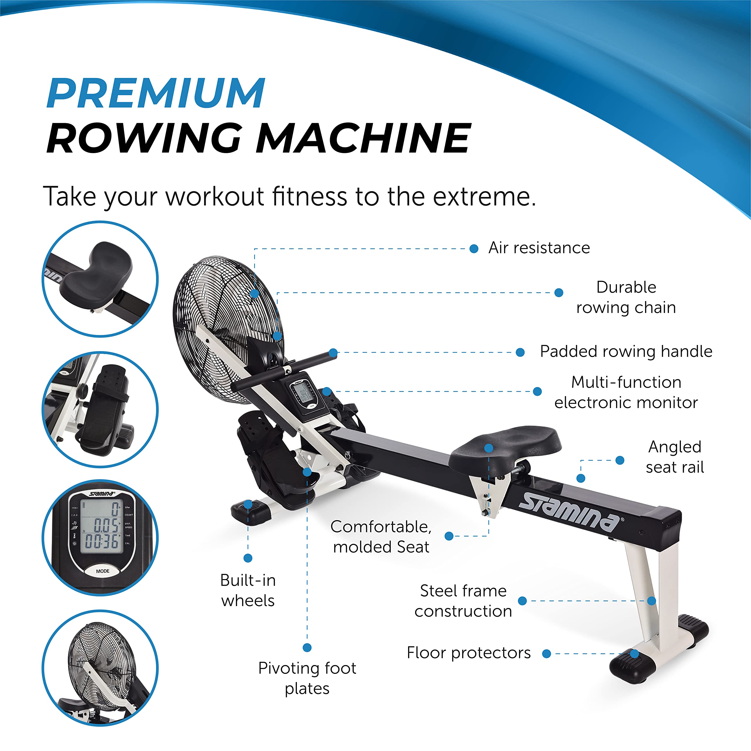 Air Rower - Máquina de remo con aplicación de entrenamiento inteligente - Máquina de remo con resistencia al aire para gimnasio en casa - Capacidad de peso de hasta 250 libras - Negro/Blanco 5