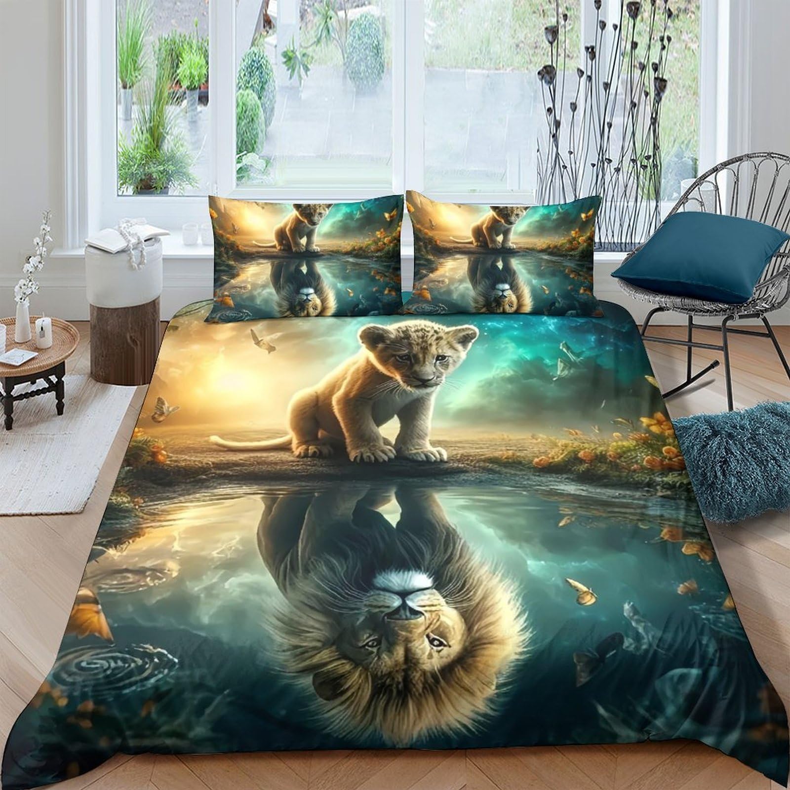 Tyuiopasdfg Colorful Teen Lion Cub Duvet Cover Set Microfiber 3 Piece Bedding Set Lion Soft Bedding Set Room Decor Single（135X200cm）