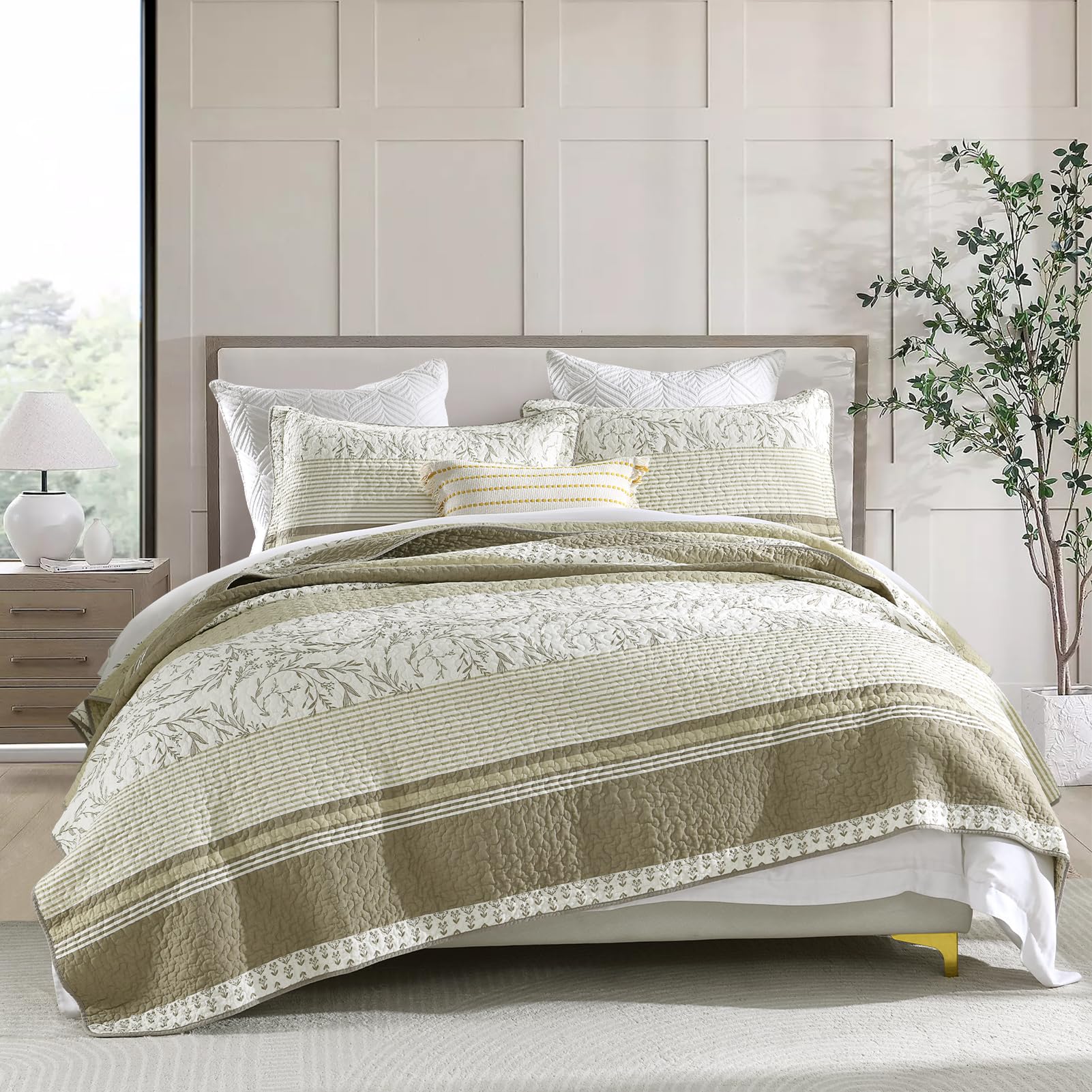 Set Biancheria Da Letto King Size Cotone KALOOLA - Reversibile 3 Pezzi, Motivo Botanico Beige, Leggera E Traspirante - 3