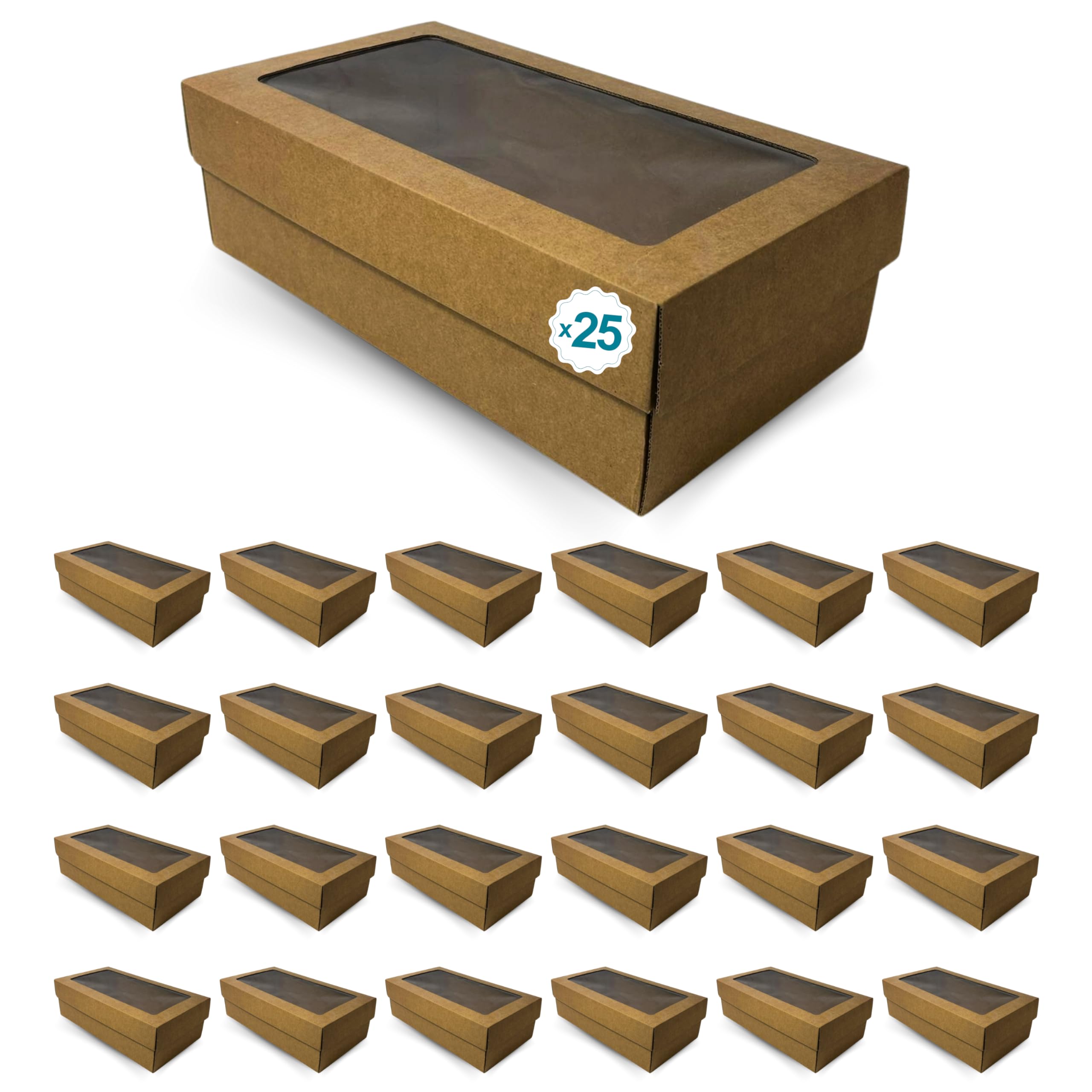 Cajas de Regalo de Cartón Kraft con Ventana Transparente - 25 Unidades - 350x190x105 mm - Perfecto para Regalos Personalizados de Navidad, Cumpleaños, Recuerdos, Repostería, Tartas, Cupcakes