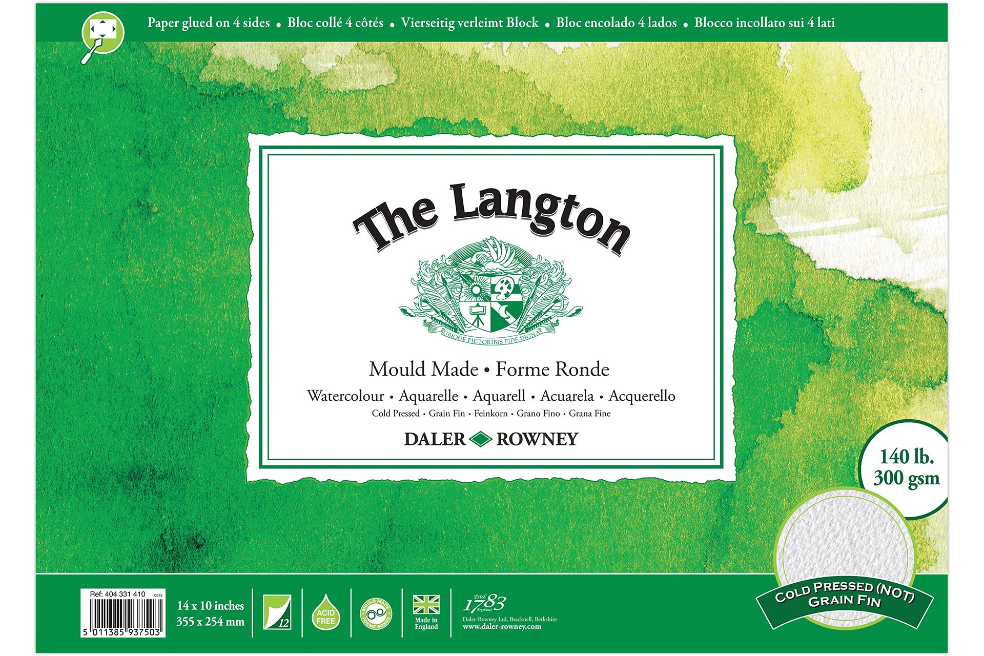 Daler-Rowney The Langton Watercolour Paper, Cold Pressed, 300 gsm, 140lb, Pad, Glued 4 Sides, 14 x 10in - 35.6 x 25.4 cm, Natural White, 12 Sheets