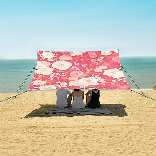 Miniatura 5 de Pink White Carnation Flowers Beach Canopy UPF50+ Protection Waterproof Large Sun Shade Includes Sand Shovel, Sandbags, Stability Poles for Camping,
