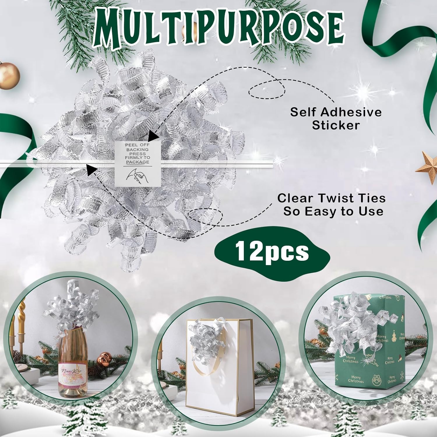 12 Pcs Large Christmas Bows for Gift Wrapping 5 Inch Metallic Curly Ribbon Bows Self Adhesive Burst Gift Bow for Xmas Presents Wine Bottle Treat Bags Party Decorations(Silver) - Image 3