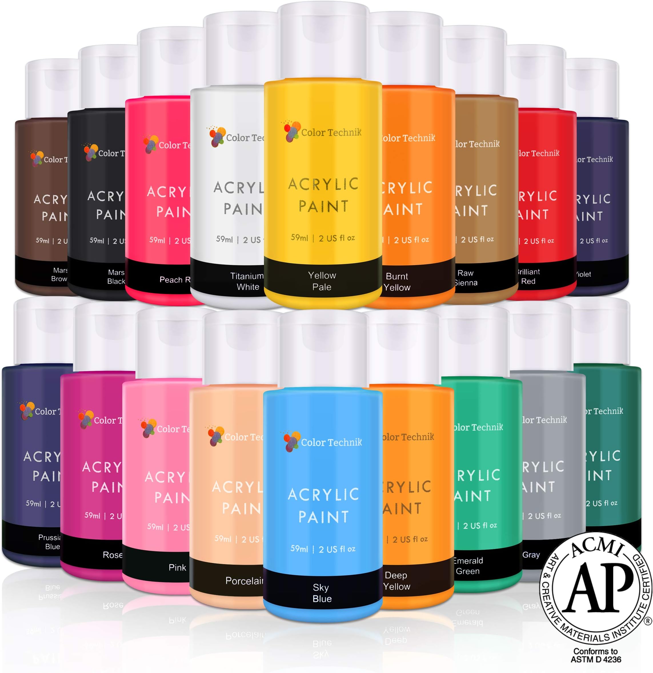 Acrylic Paint Set by Color Technik, Artist Quality, Colour Range 2, 18x59ml (2-Ounce) Bottles, Best Colours for Painting Canvas, Wood, Clay & Ceramic, Rich Pigments