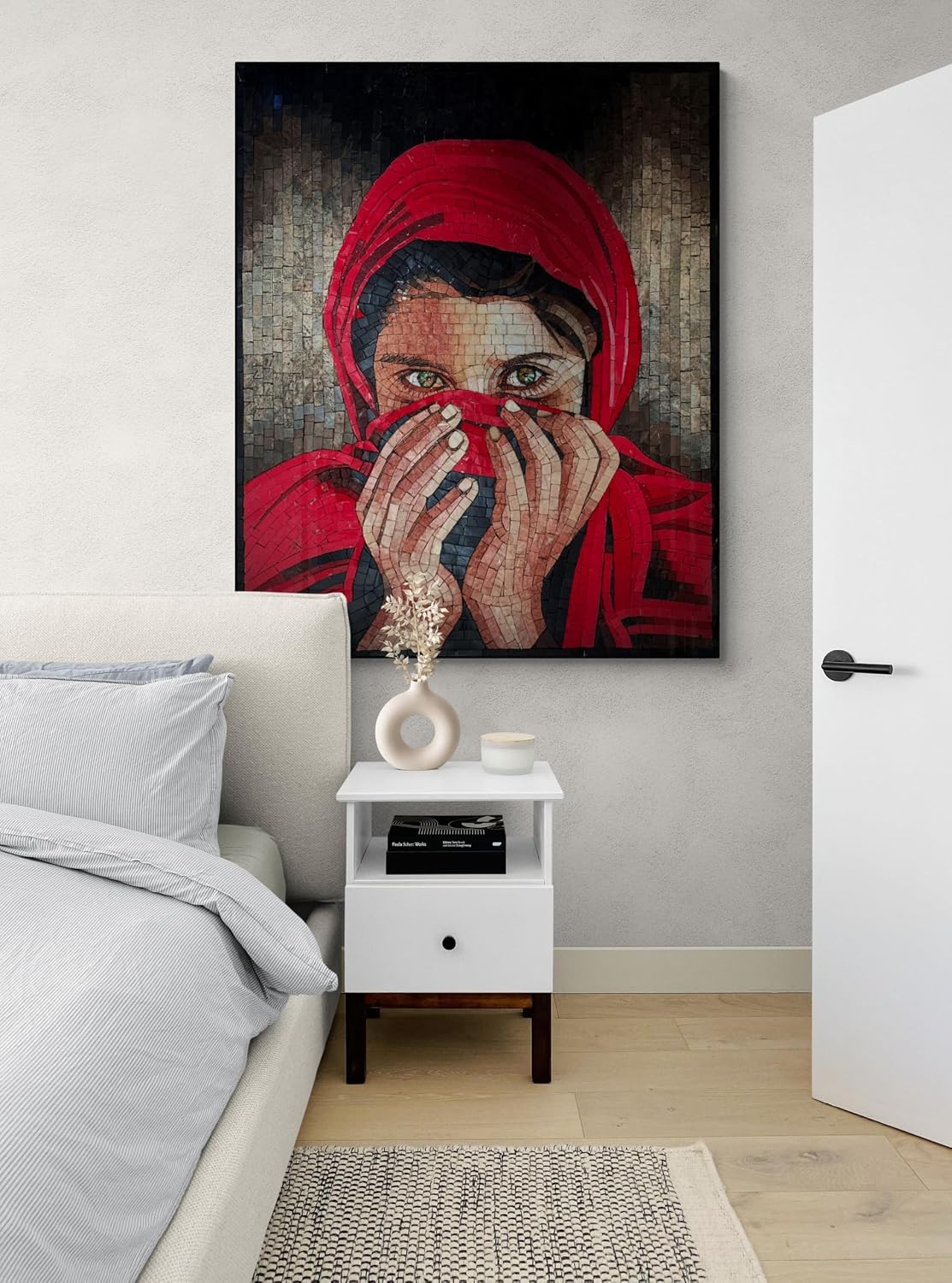 Handmade Girl with the Red Scarf Marble Mosaic Wall Art, Portrait Tile Mosaic Artwork, Hand-Cut Natural Stone Figure Wall Décor