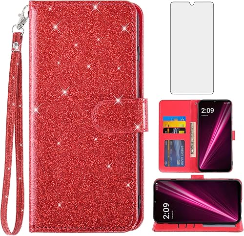 Miniatura 9 de Asuwish Funda de teléfono para T-Mobile Revvl 6 5G 2022 con protector de pantalla y cartera con purpurina, soporte para tarjeta con ranura para