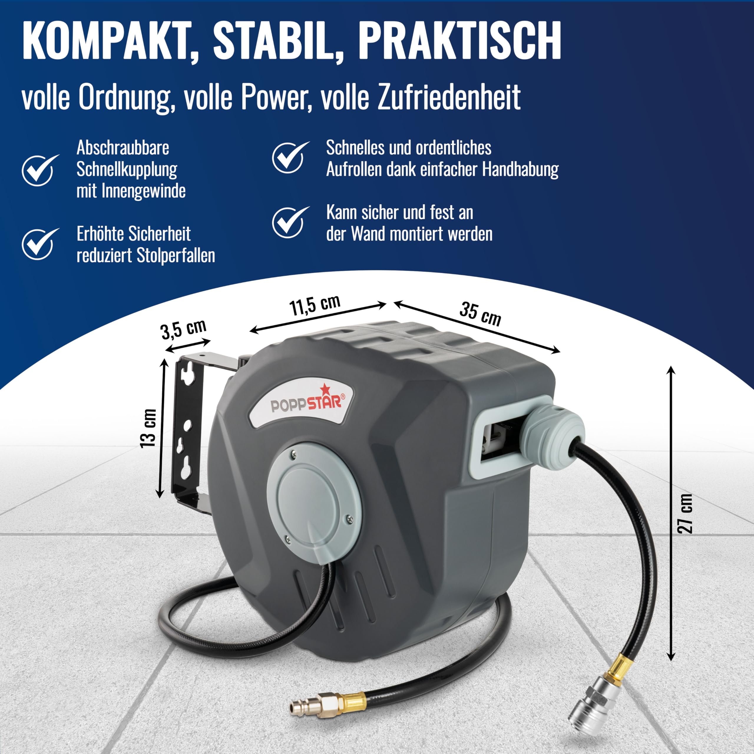 Poppstar Druckluftschlauchtrommel (Schlauch: 10m + 1m, Innendurchmesser 5/16"(8x12mm), 3/8"BSPT), Schlauchtrommel mit Automatik Aufroller für Druckluft Schlauch Grau