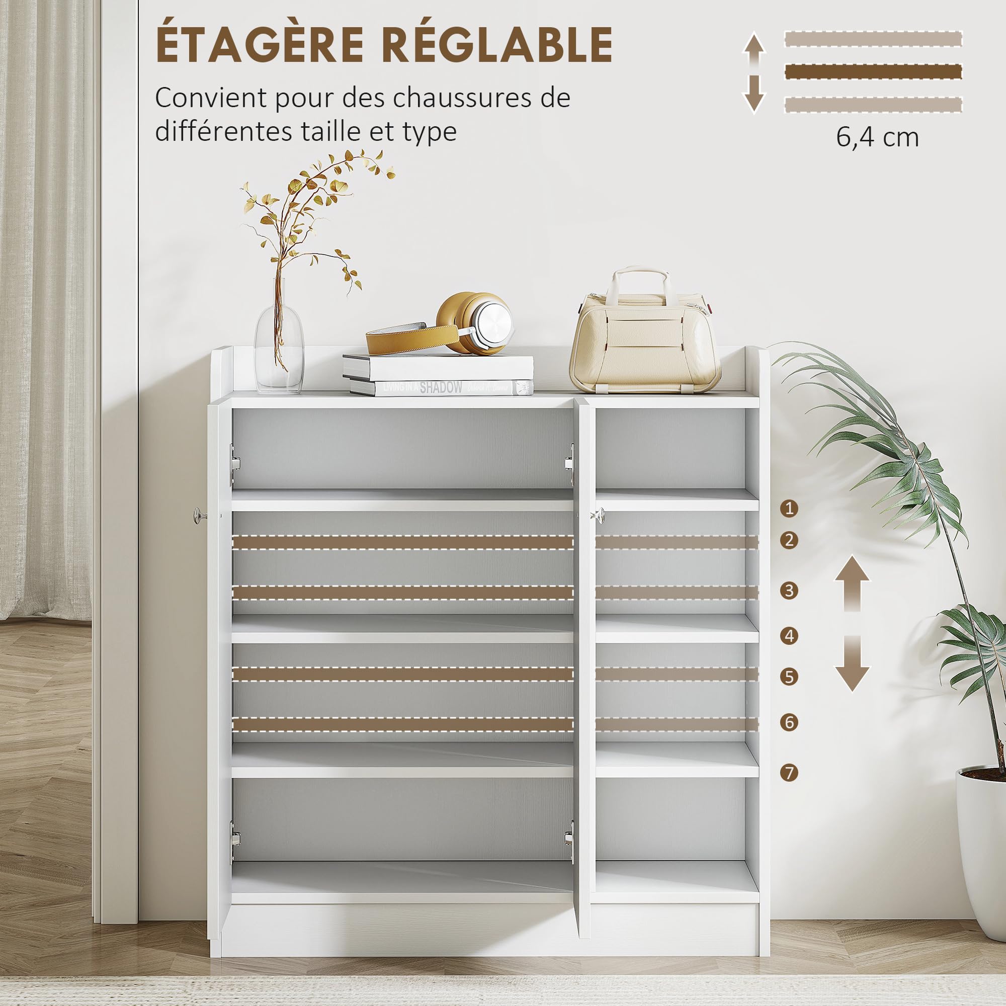 HOMCOM Meuble de Rangement à Chaussures 12 Paires 83L x 30l x 90H cm Blanc | Armoire à Chaussures, 4 Compartiments Ouverts, Placard Double Porte, Étagère Réglable