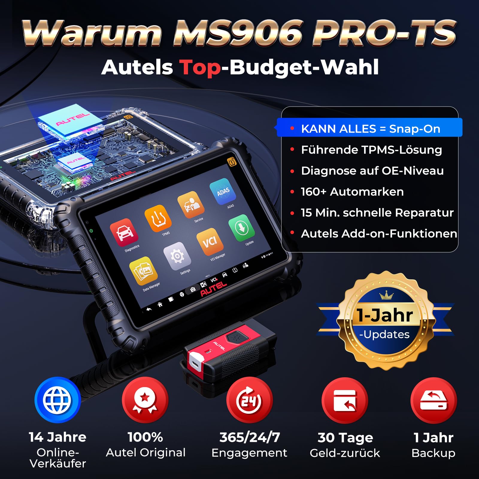 Autel MaxiSYS MS906 Pro-TS Diagnosegerät Auto, 2026 RDKS Programmiergerät Up von MK900-TS MP900TS MP808BT MK906 PRO MP900BT, Vollständige TPMS &ECU-Codierung, 3K+ Aktive Tests, CANFD&DoIP Auto Scan2.0