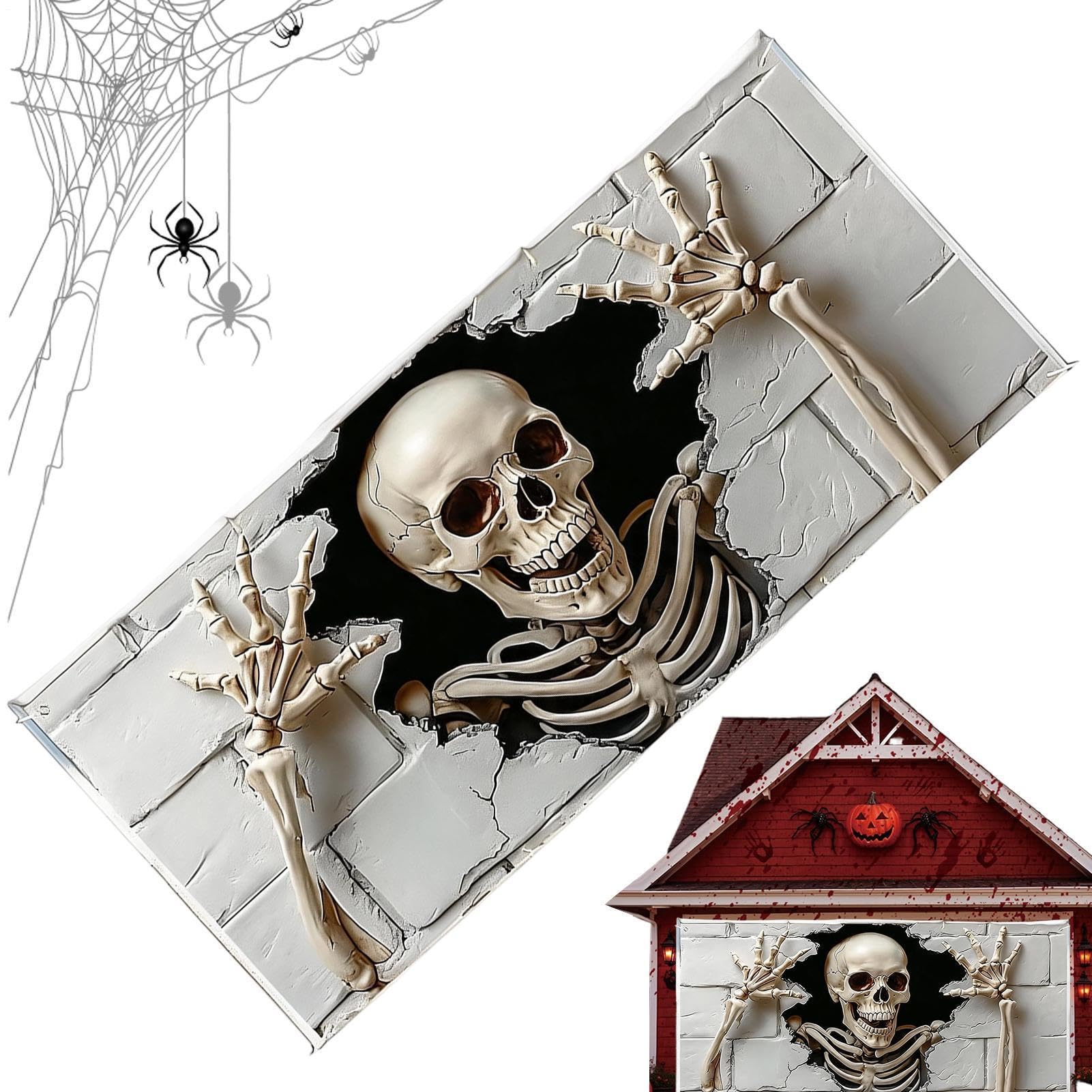 Halloween baner do bramy garażowej, 1,8 x 4 m, wielokrotnego użytku, czaszka Halloween | Ściana garażowa tło baner do użytku na zewnątrz dom podwórko noc księżyca nawiedzony dom wakacje ściana okno impreza
