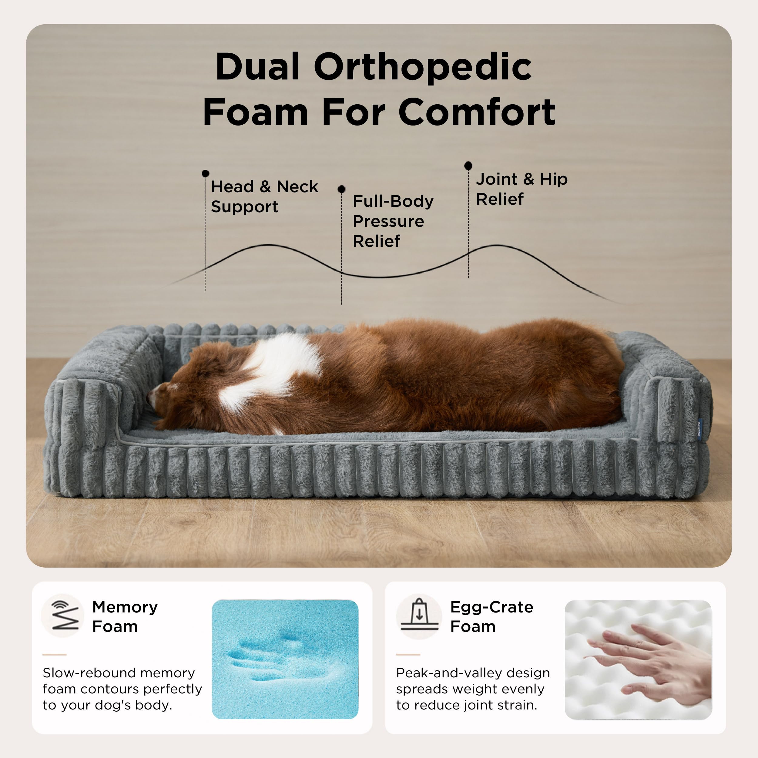 Bedsure ComfyFleece™ Orthopedic Dog Beds Large Sized Dog, Waterproof Memory Foam Pet Bed with Sides, Non-Slip Bottom and Egg-Crate Foam Large Pet Couch Sofa with Washable Corduroy Cover, Cream - image 2