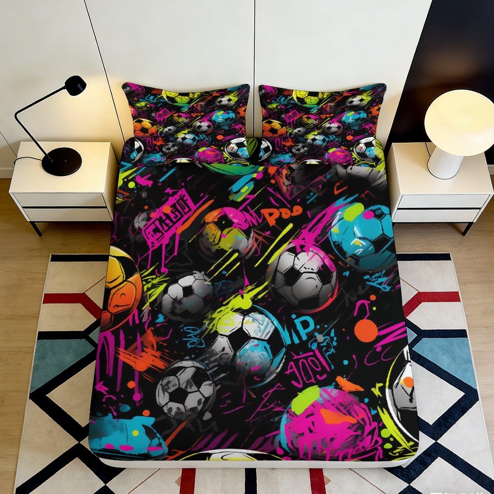3D Printed Graffiti Soccer Fitted Sheet Microfiber Soft Washable Splash Football Bed Cover for Bedroom Guest Room Decor 90x200x25cm