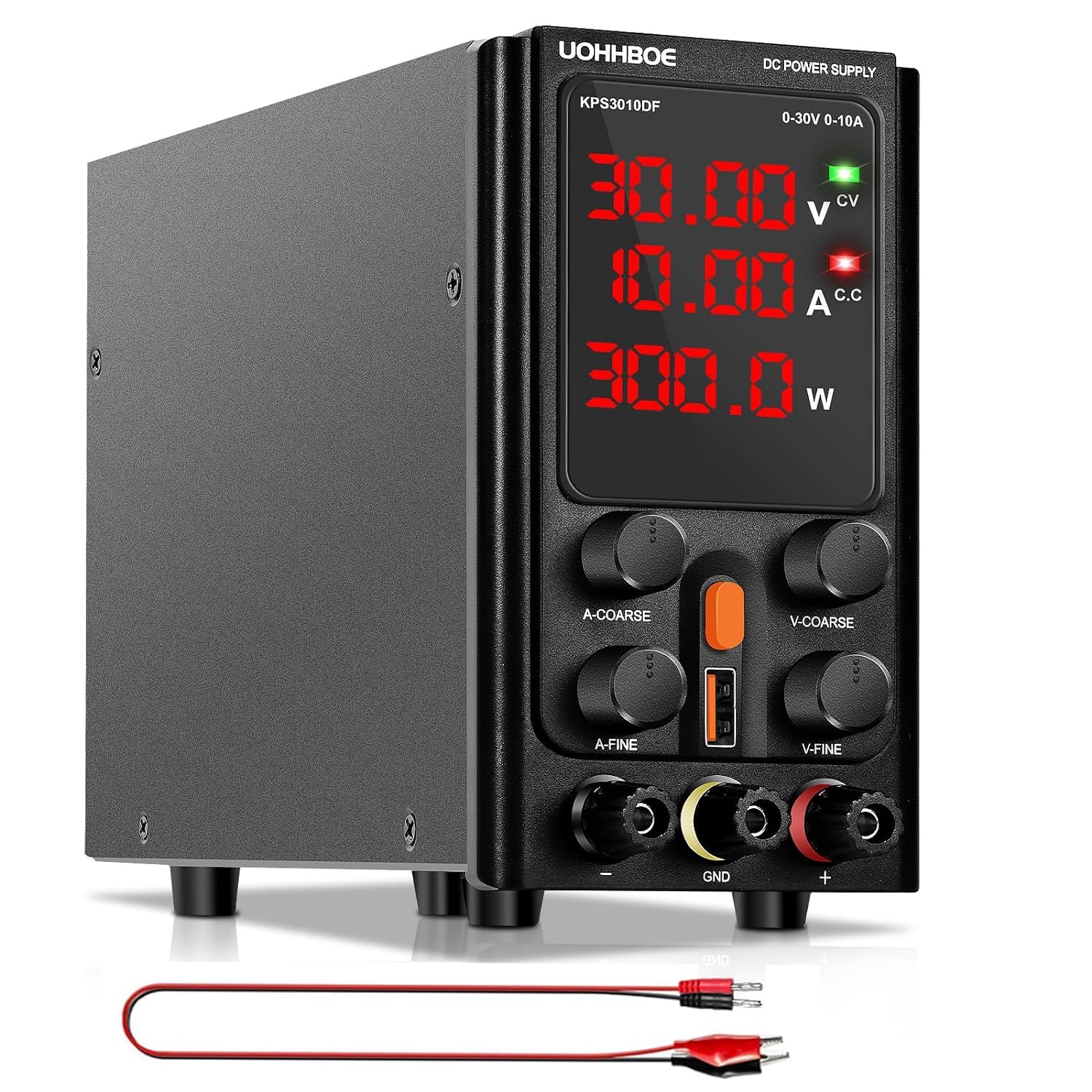 UOHHBOE Alimentatore da Labotorio Alimentatore Stabilizzato Banco 30V 10A Alimentatore DC Regolabile con 4 Cifre Display LED, Regolazioni Grossolane e Fini, Ricarica 5V/2A USB Linea di Prova