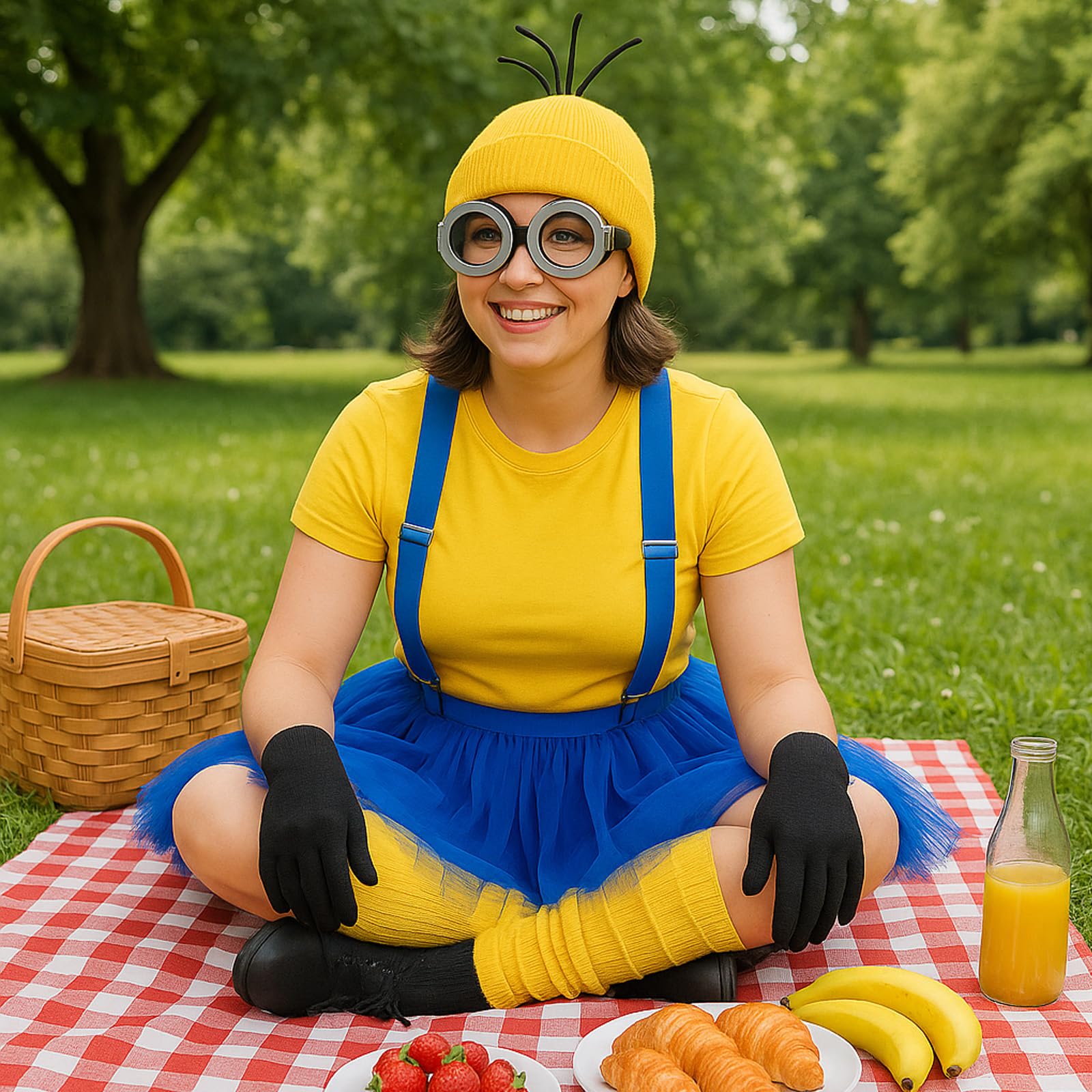 PXDUCN Fancy Dress, Halloween Decorations, 7 Pcs Yellow Costumes Includes Hat Glasses Gloves Skirt Legs Suspenders Buttons - Image 4