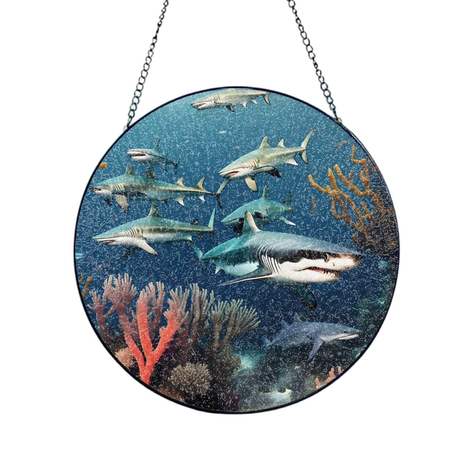 Poezjzw Stained Glass Window Hanging - Sharks Under The Sea Sun Catcher For Door Garden Home Decor Christmas Mother'S Day Birthday Gifts 4in（10cm）