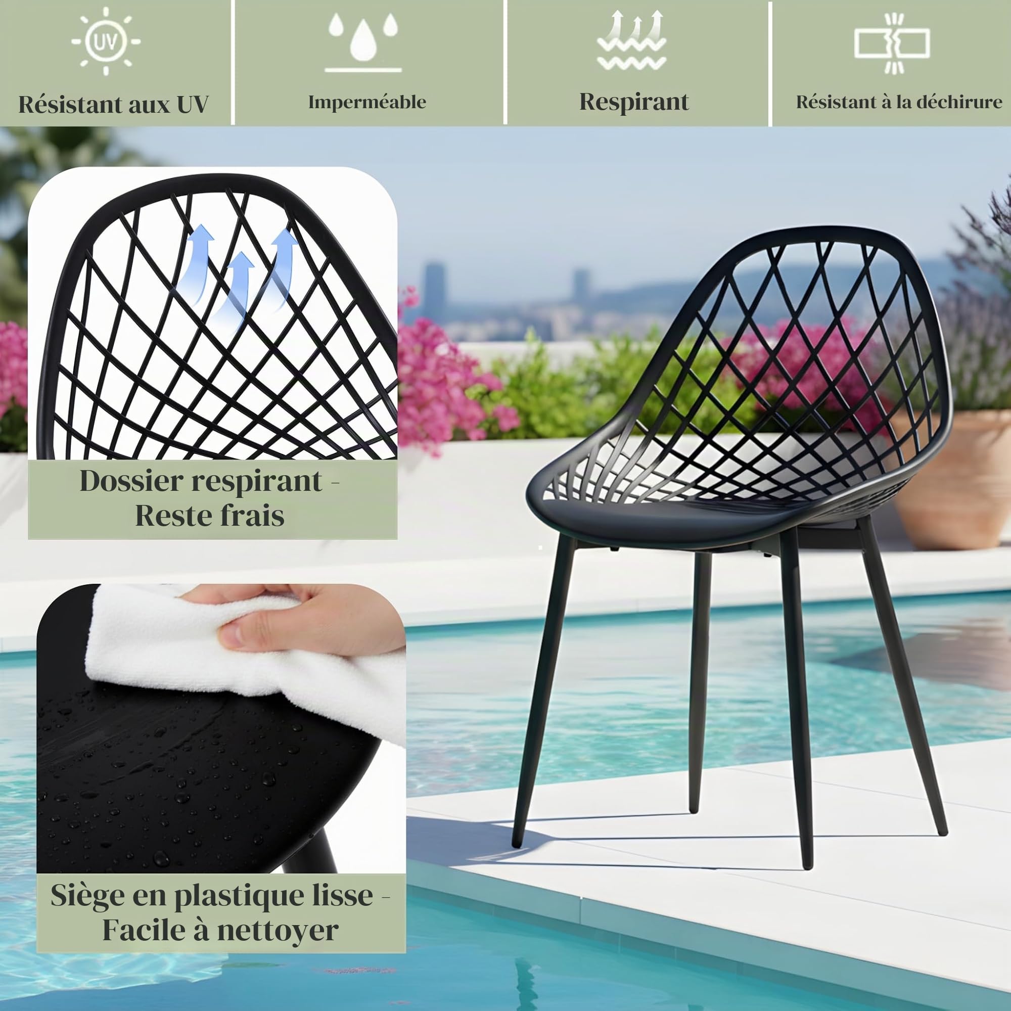 Lot de 8 chaises de jardin, de terrasse, résistantes aux intempéries et aux UV, en plastique, avec dossier, charge maximale : 150 kg, pour jardin, balcon, terrasse - Noir