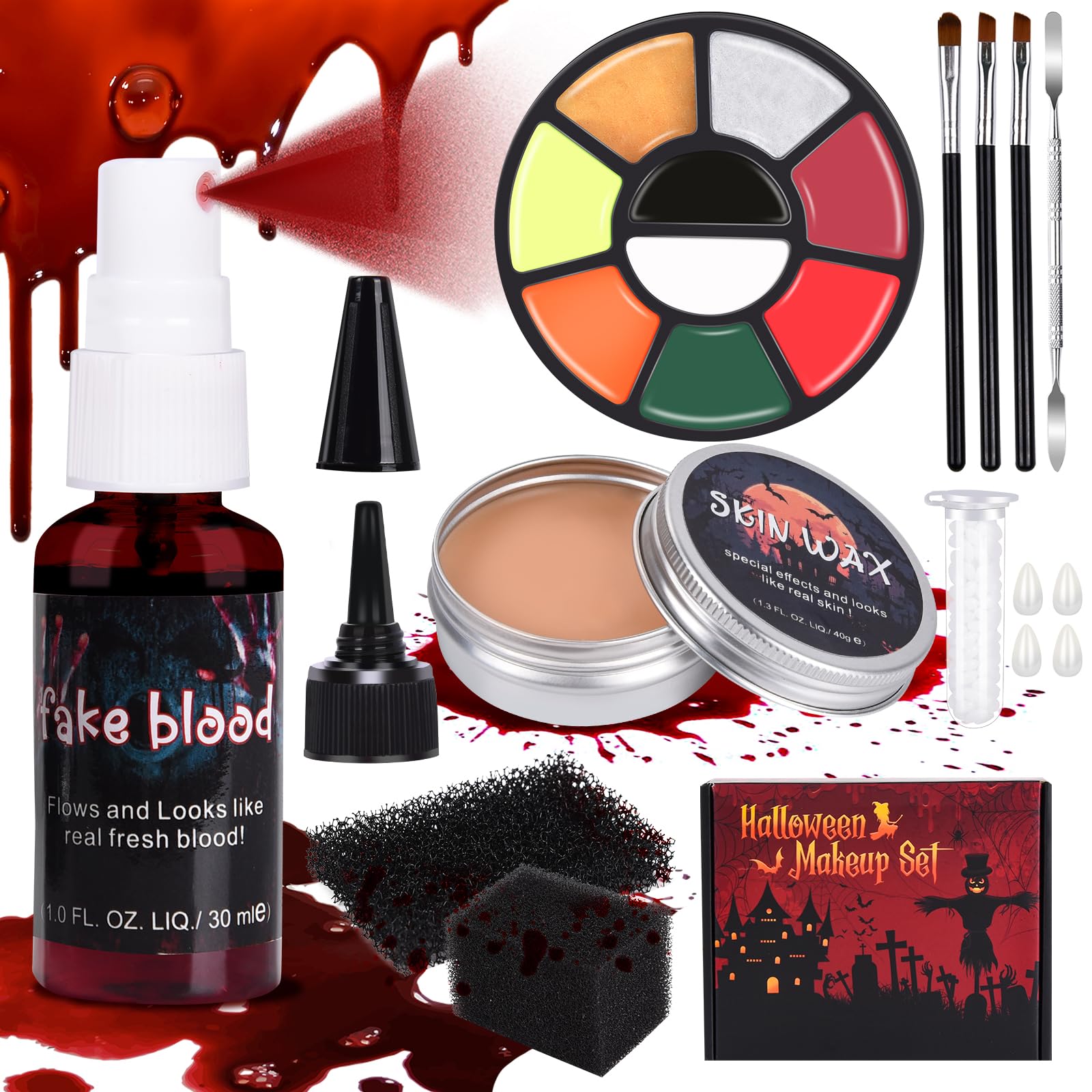 Special Effects Halloween Makeup Kit Scars Wax, 12 pcs Halloween Face Body Painting Set, 9 Colors Halloween Makeup Palette, Fake Blood(1.01Oz)+Skin Wax(1.35Oz)+Spatula+Black Sponge