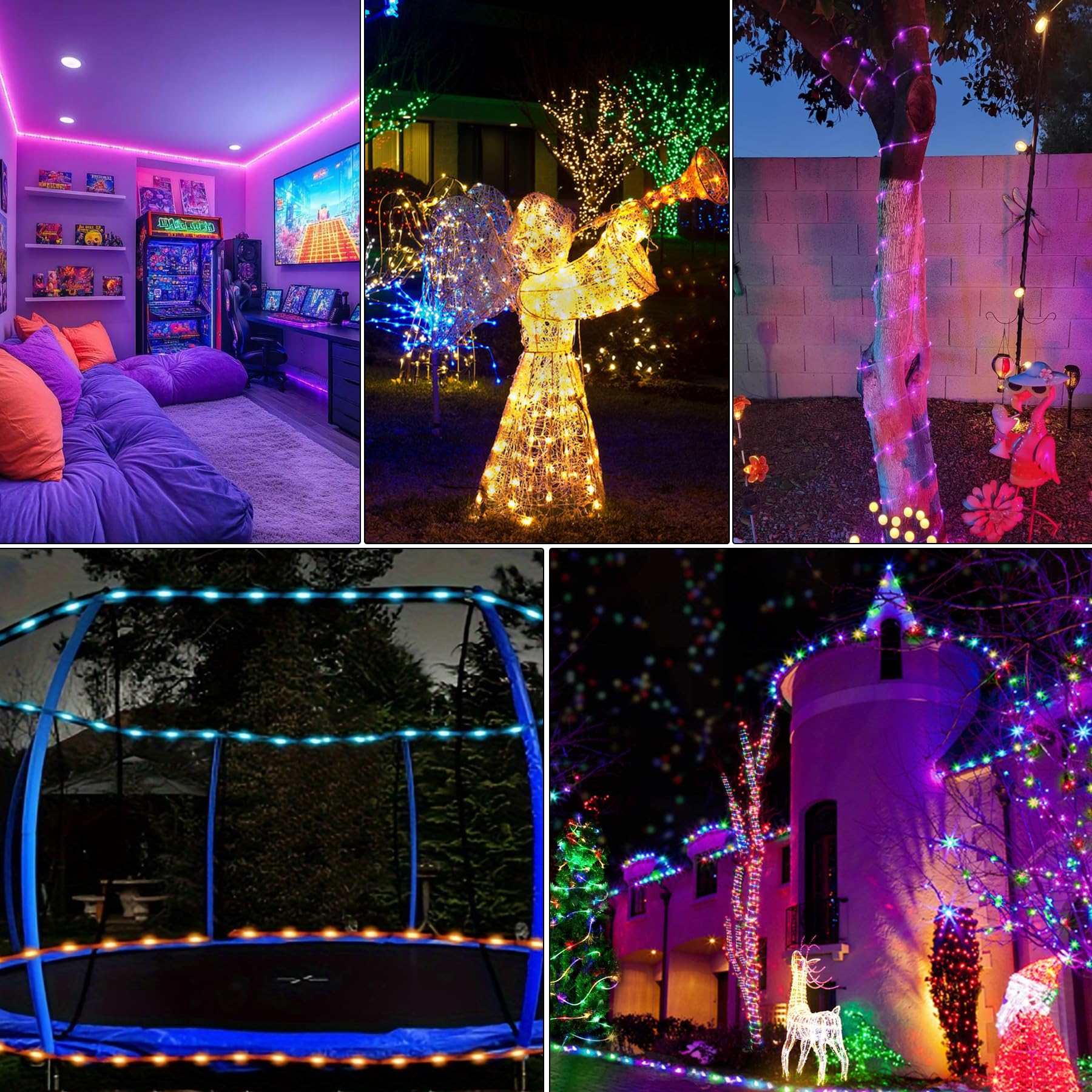 Solar-Lichterkette für den Außenbereich, wasserdicht, 150 LEDs, solarbetrieben und USB mit Fernbedienung, 18 Farben wechselnde Trampolin-Beleuchtung für den Außenbereich, Garten, Terrasse