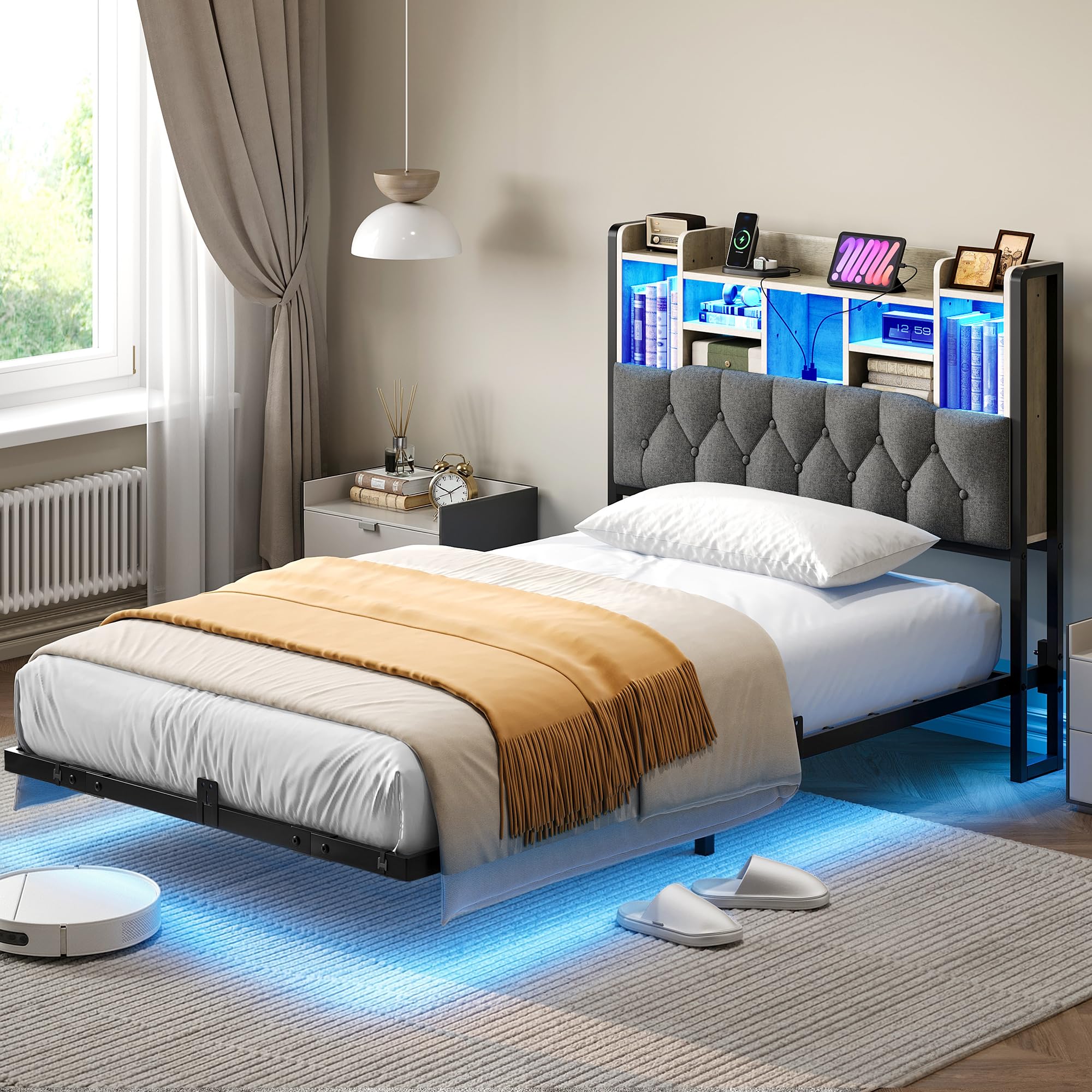 YITAHOME Telaio da letto a LED con testiera, illuminazione,stazione di ricarica USB, con testiera, design fluttuante, struttura in metallo, rivestimento in tessuto grigio, senza materasso, 120X200CM