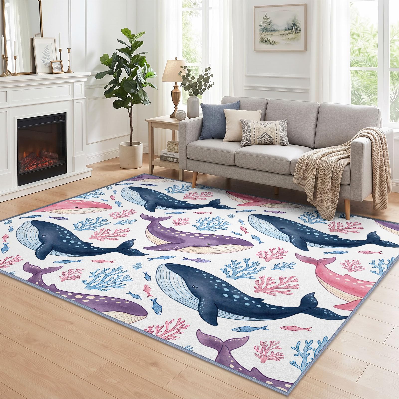 Générique Lavable en Machine Tapis Salon 80x156 cm, Baleine Corail Antidérapant à Poil Ras Tapis, Ludique Dessin Animé Écologique pour Salle à Manger Couloir Chambre Bureau