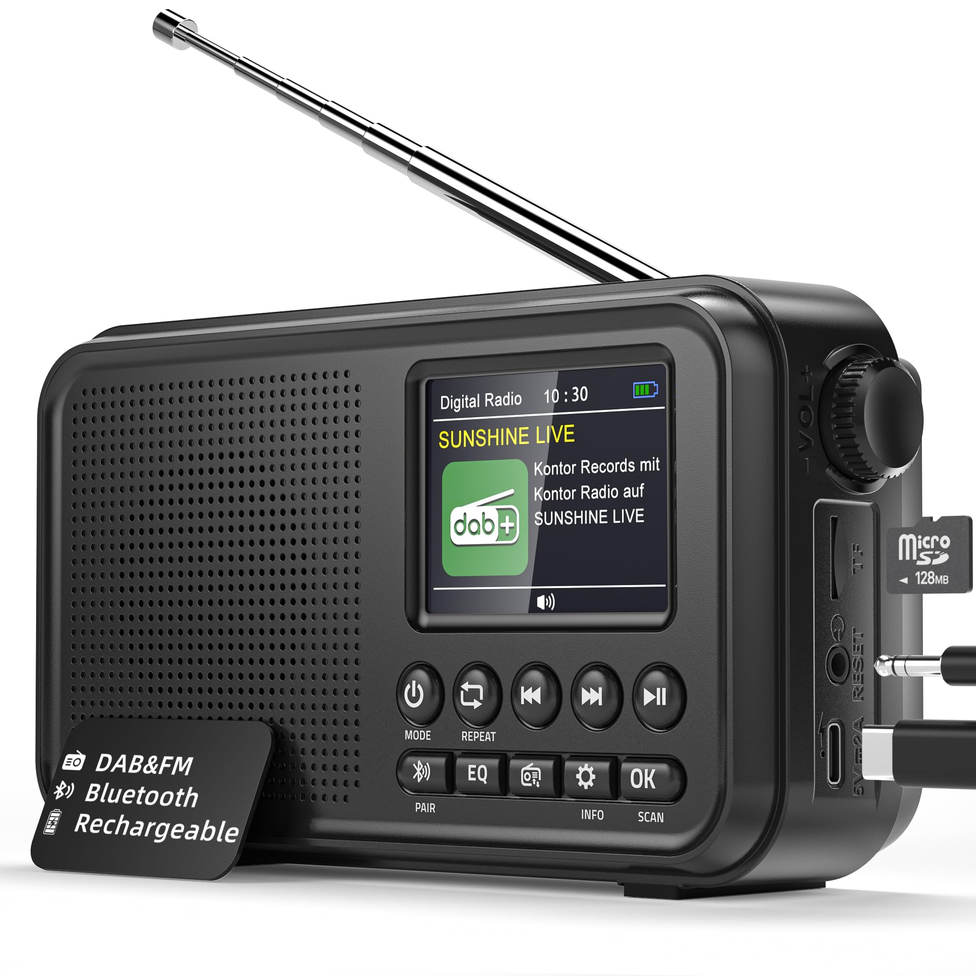 Mesqool Radio Numérique DAB/FM avec Bluetooth,Batterie Rechargeable de 3000mAh,Prise en Charge des Cartes TF de 64Go, Type-C, Prise Casque, 40 Stations FM et 40 DAB Préréglées, Modes EQ, Double Alarme