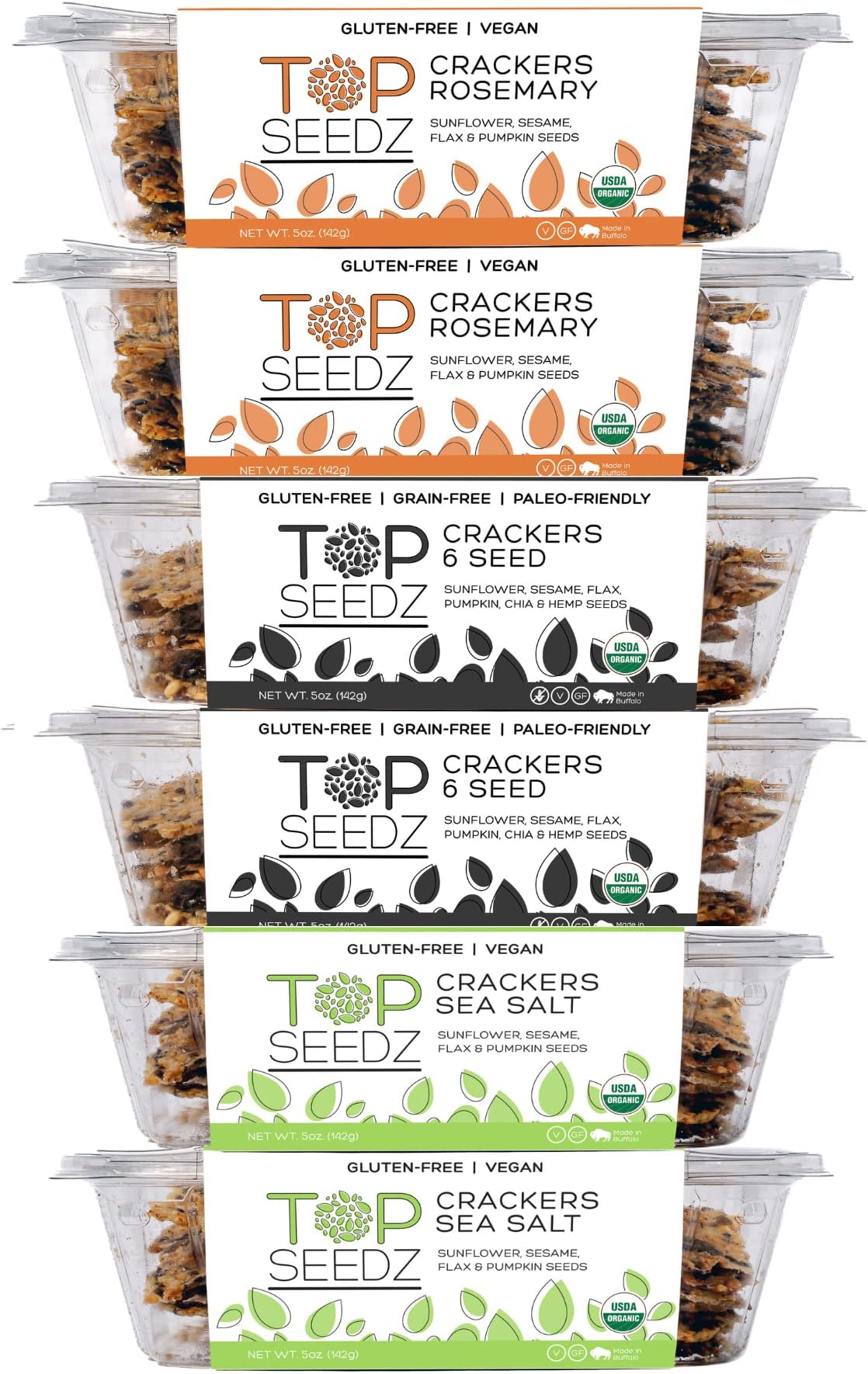 Certified Organic Gluten Free Sea Salt, Rosemary, & 6 Seed Crackers | 6-Pack | 5 Ounces | Healthy Vegan Crackers with Plant Based Protein | Made of Sunflower, Flax, Sesame and Pumpkin Seed