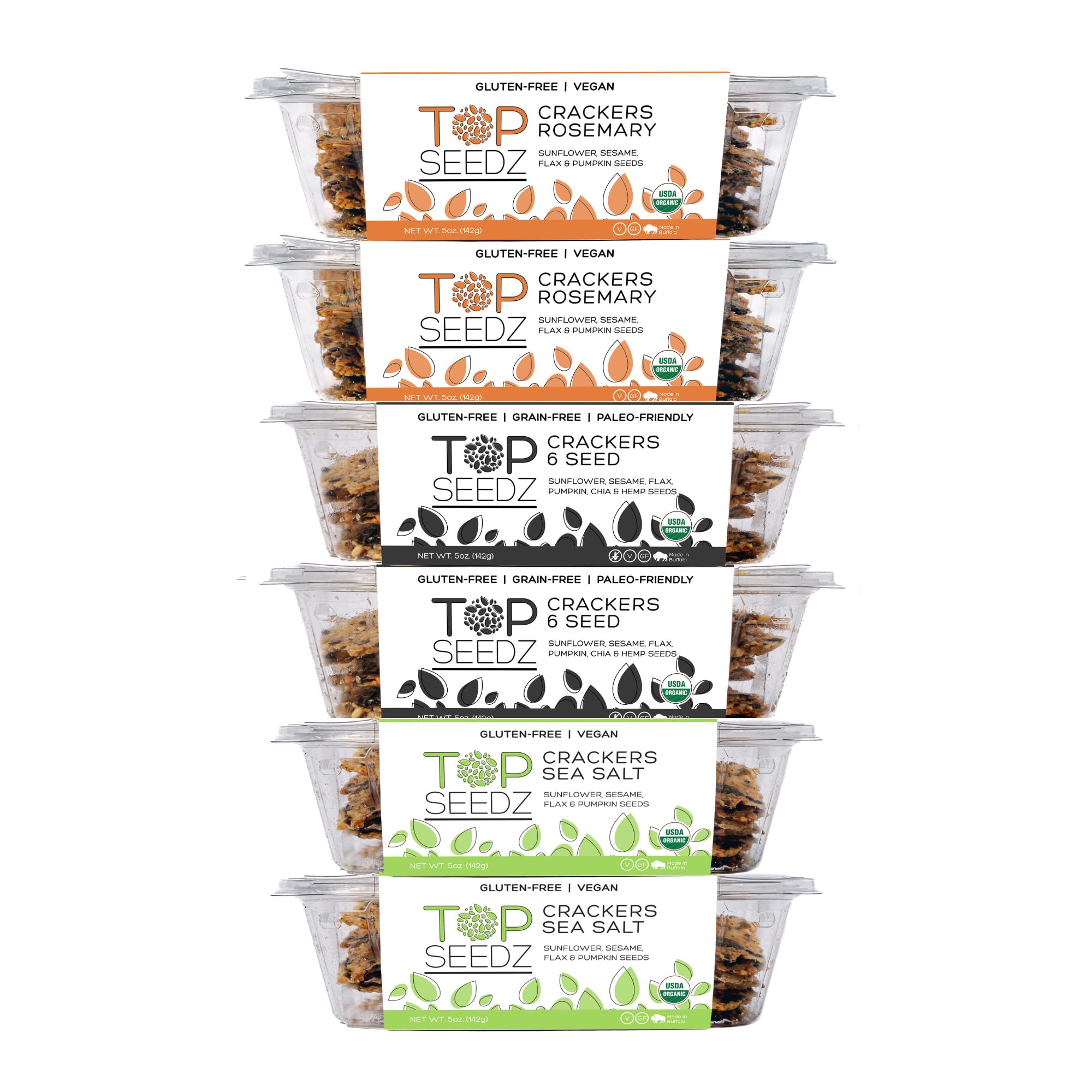 Top Seedz Certified Organic Gluten Free Sea Salt, Rosemary, & 6 Seed Crackers | 6-Pack | 5 Ounces | Healthy Vegan Crackers with Plant Based Protein | Made of Sunflower, Flax, Sesame and Pumpkin SeedUSDA Organic