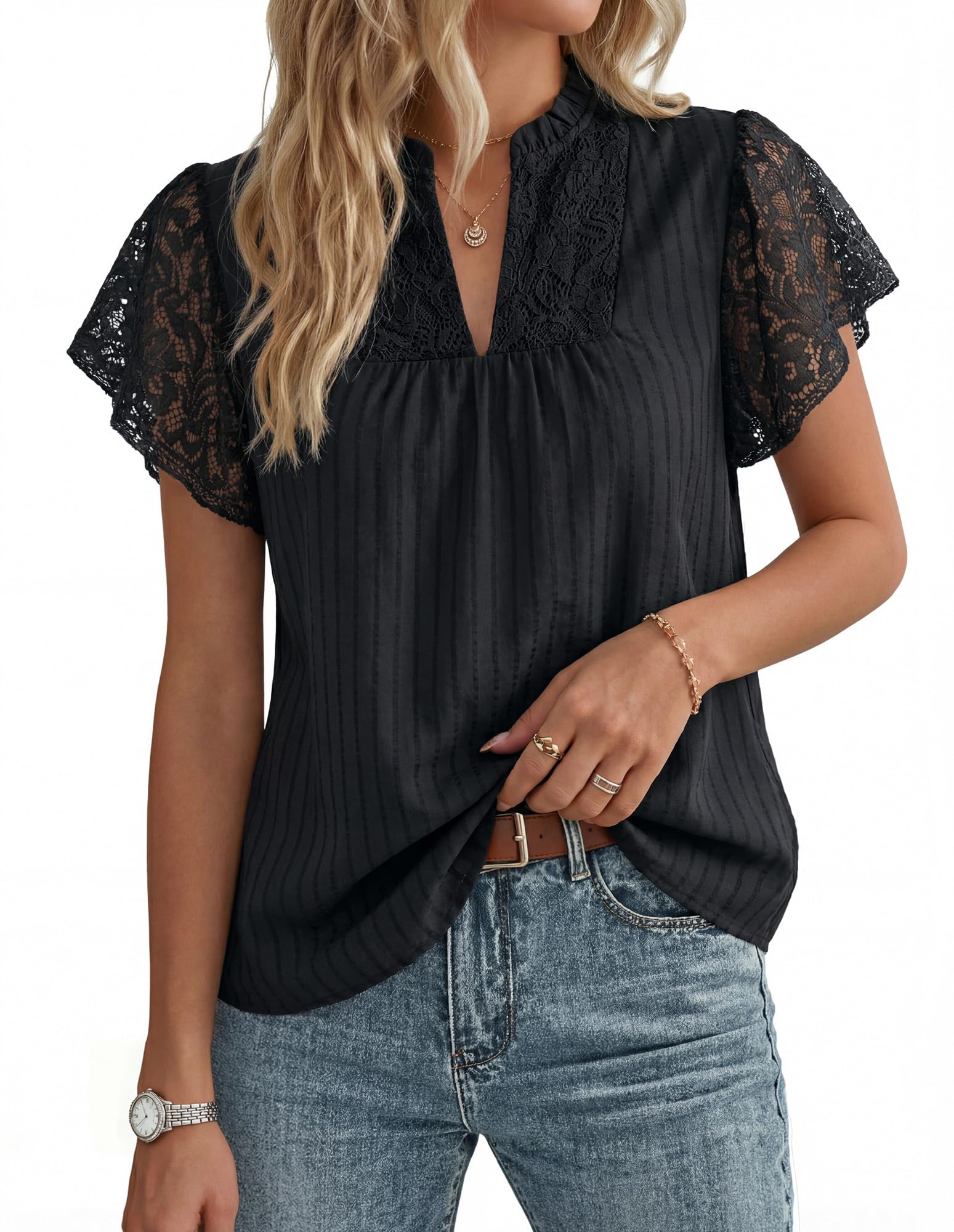 GRACE KARIN Camicia da donna in pizzo di cotone, elegante Henley con scollo a V, a maniche corte